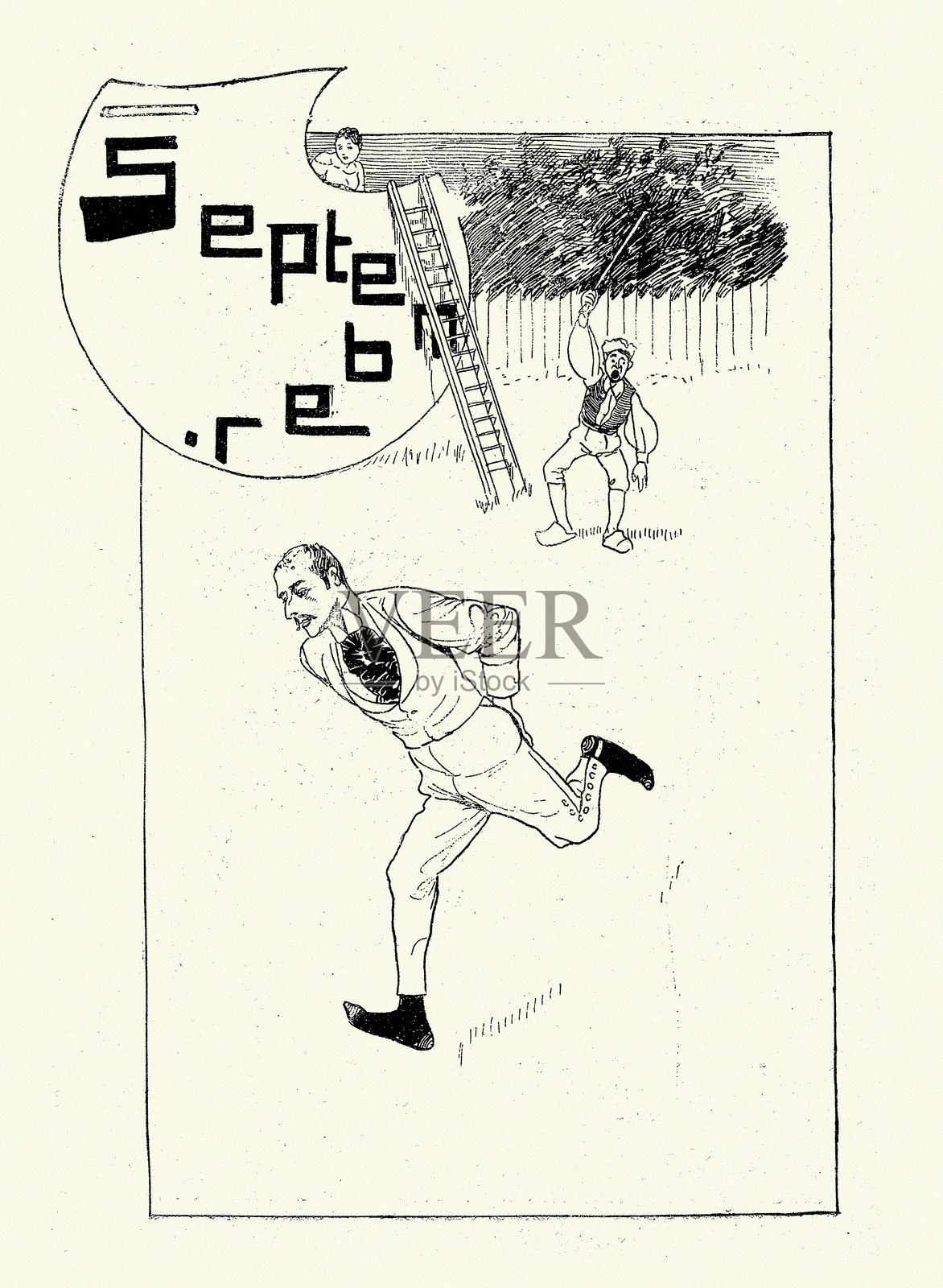 维多利亚时代的卡通讽刺画，出轨，男人逃离愤怒的丈夫，背叛的妻子，德国，19世纪1893年插画图片素材
