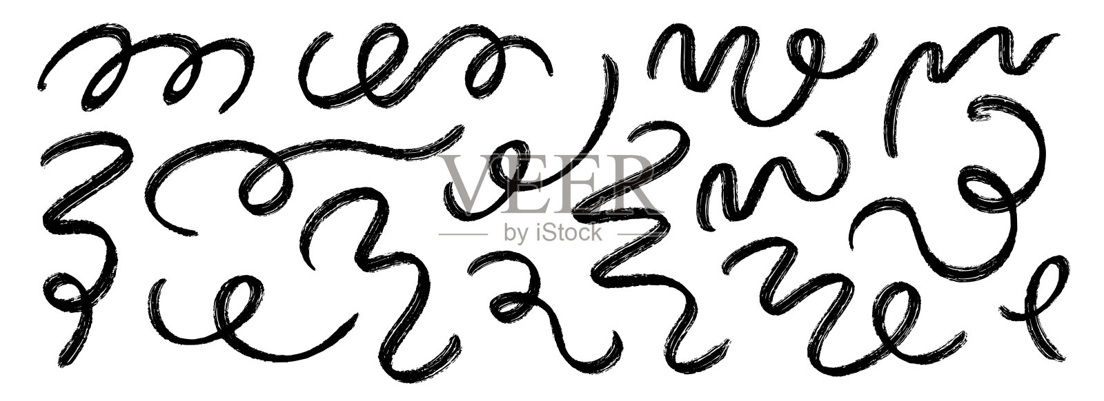 黑色涂鸦线条套装。波浪形笔触集合。炭笔卷曲装饰包用于高亮、下划线、强调。矢量粗糙涂鸦条纹。自然蜡笔粉笔波浪条。插画图片素材