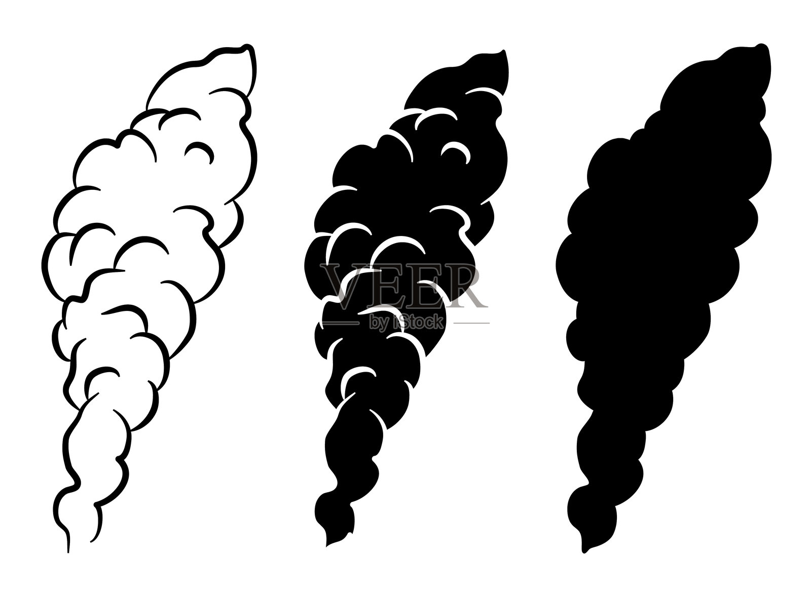卡通烟雾/烟羽或蒸汽上升剪贴画集，带轮廓和剪影印章变体插画图片素材