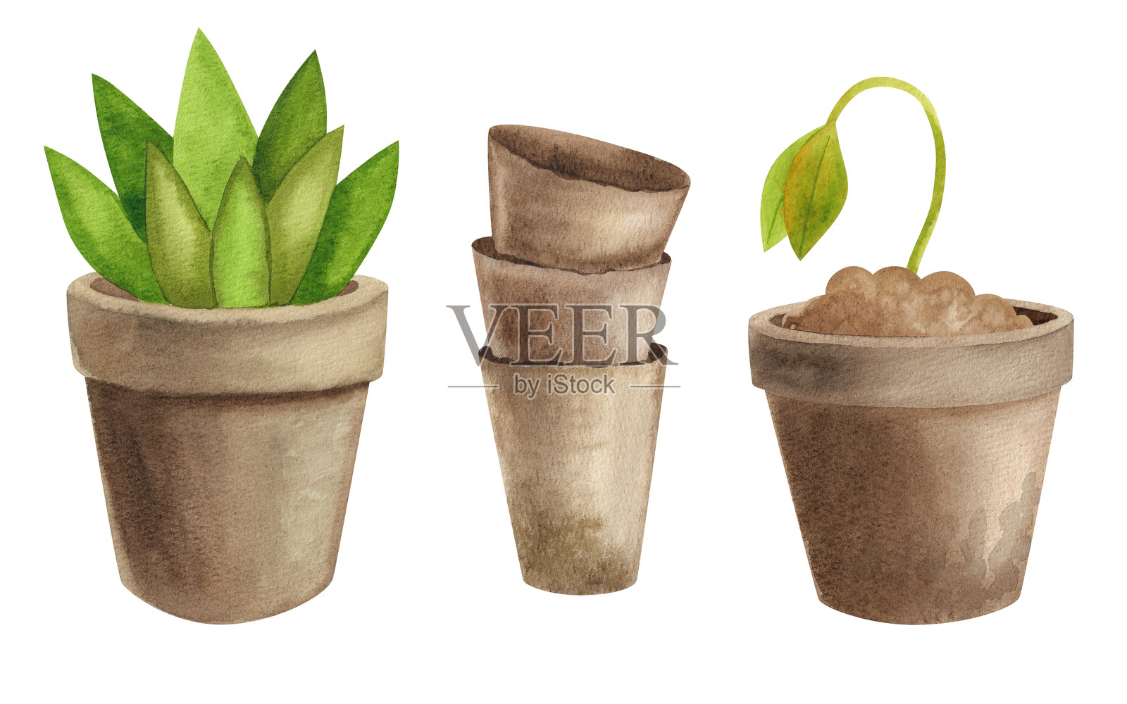 园艺工具和设备。白色背景上的水彩插图。手绘园艺图标。插画图片素材