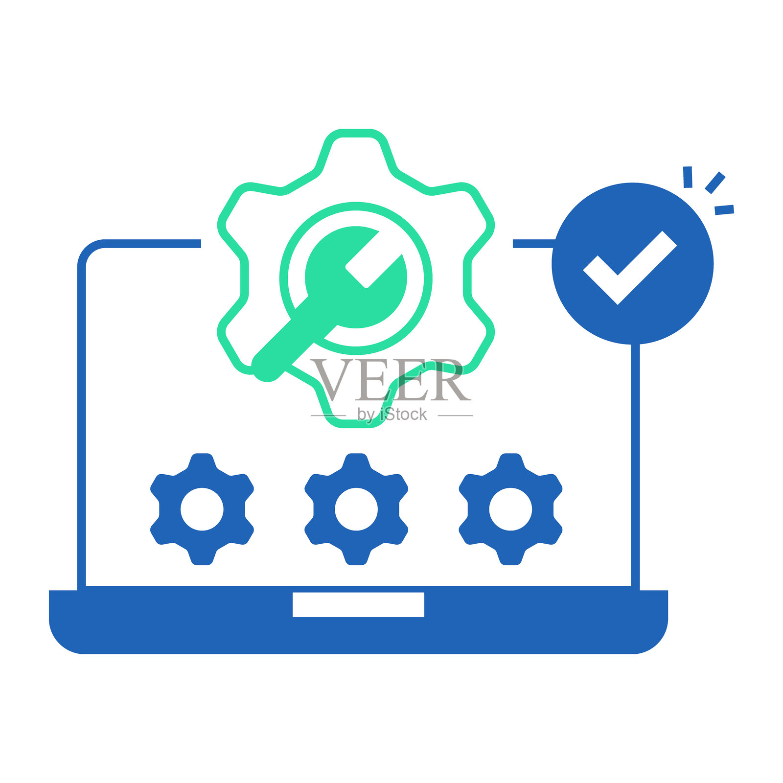 经过验证的笔记本电脑维护。带有齿轮和勾选图标的笔记本电脑，表示设备服务已获批准。插画图片素材