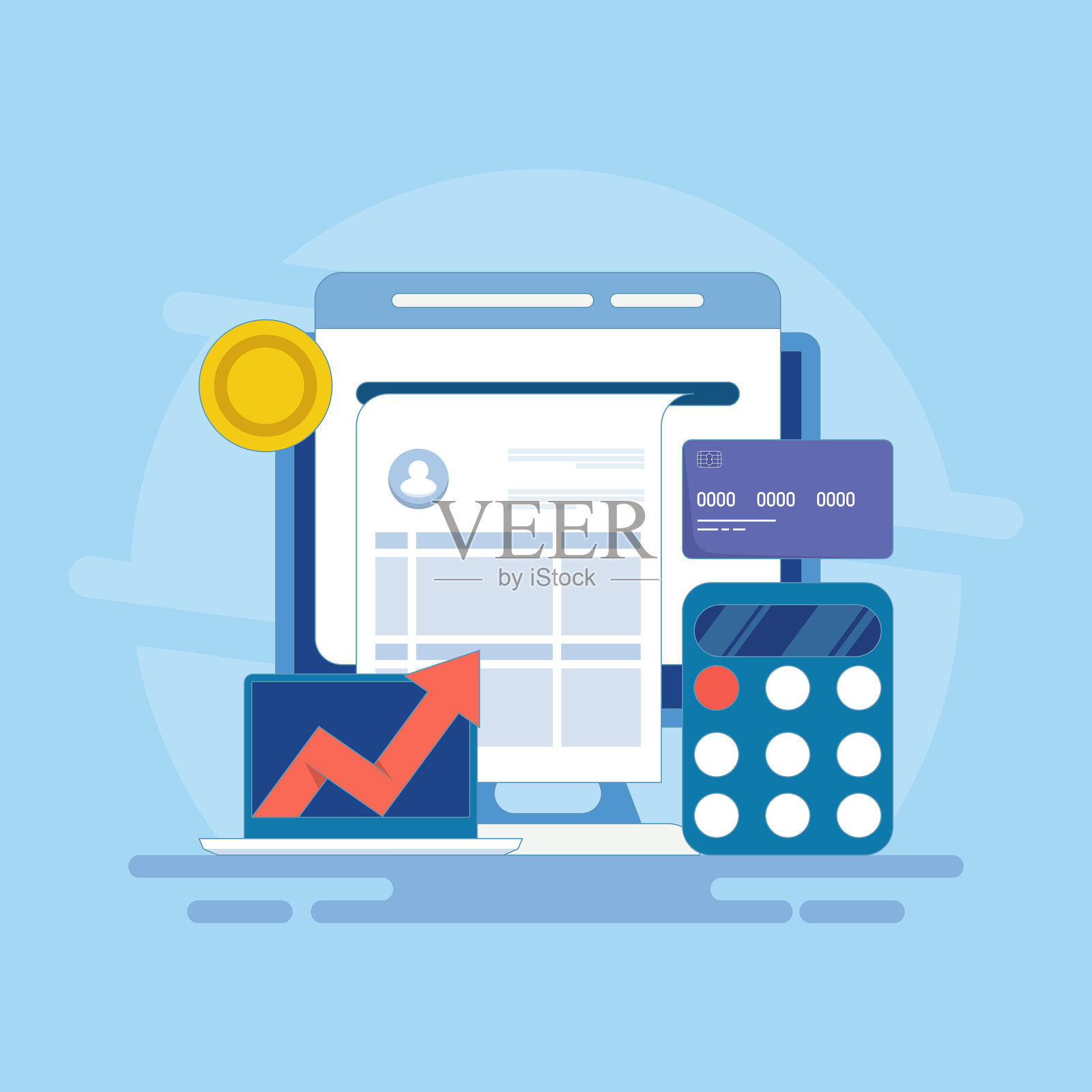 在线会计软件概念，数字会计，财富管理，税务计算，财务增长，银行报告。带图标的矢量插图背景。插画图片素材