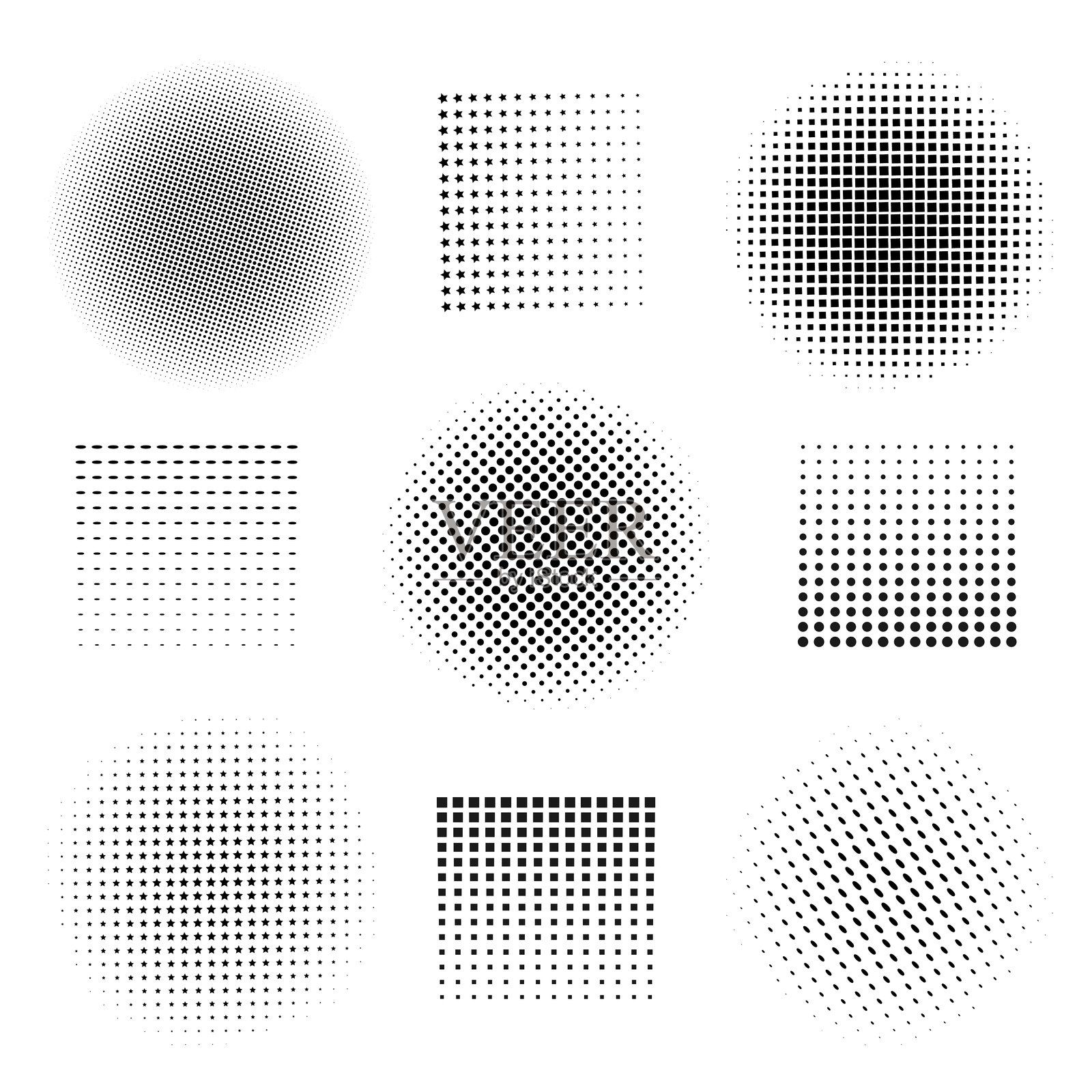波普艺术漫画风格的点状圆形和方形半色调图案集。抽象的点状圆形、圆形半色调几何点、椭圆形、星星，波普艺术纹理。矢量插图圆形形状。插画图片素材