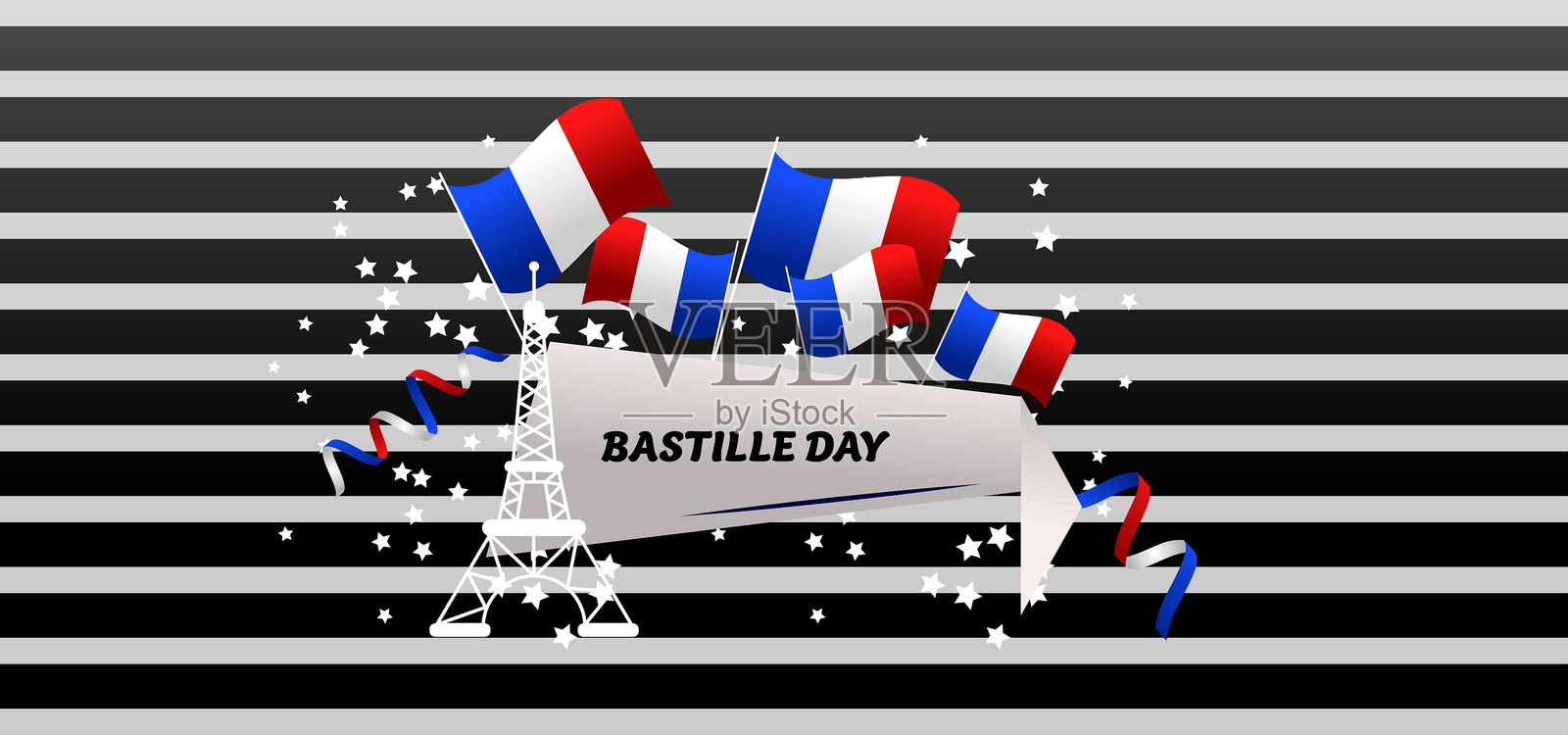 法国巴士底日，带有旗帜和五彩纸屑的矢量横幅插画图片素材