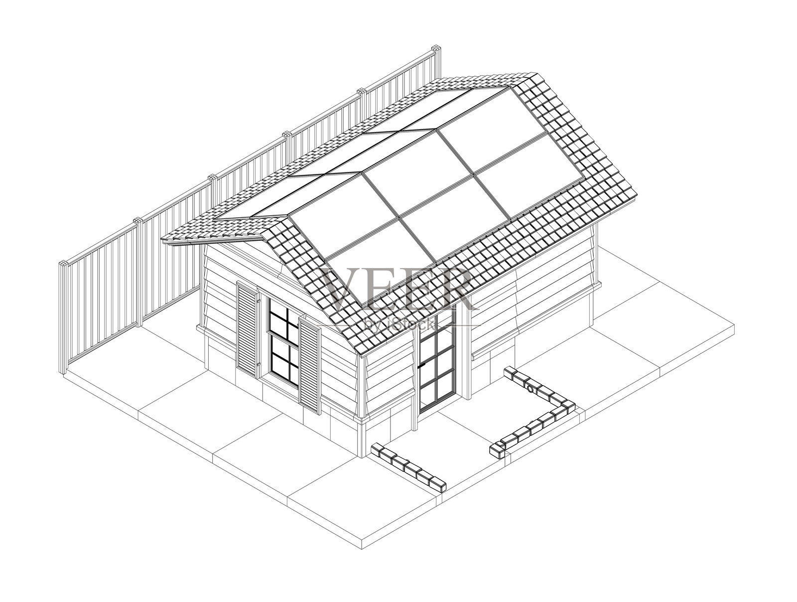 一座带有斜屋顶和背景围栏的小房子。房子是木制的，带有一个窗户。等距视图。3D插画图片素材