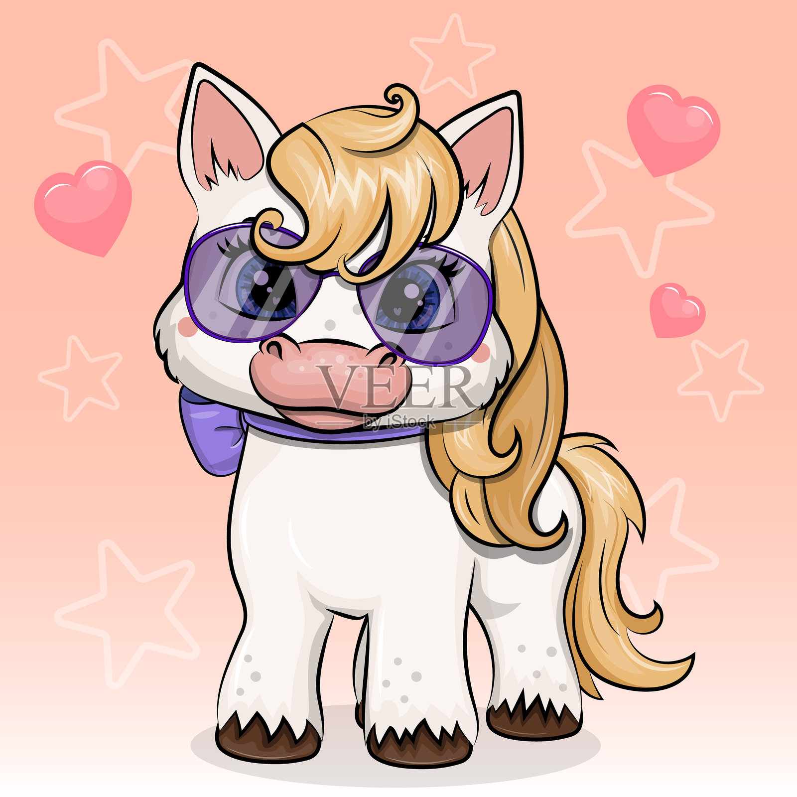 可爱的卡通白色小马戴着大眼镜和淡紫色蝴蝶结。插画图片素材