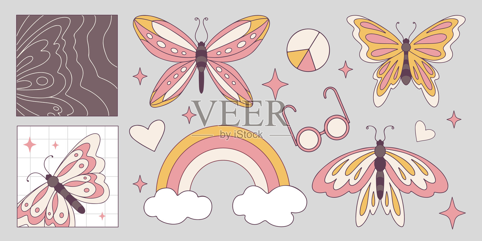 复古风格的蝴蝶图案，独立于背景之上插画图片素材