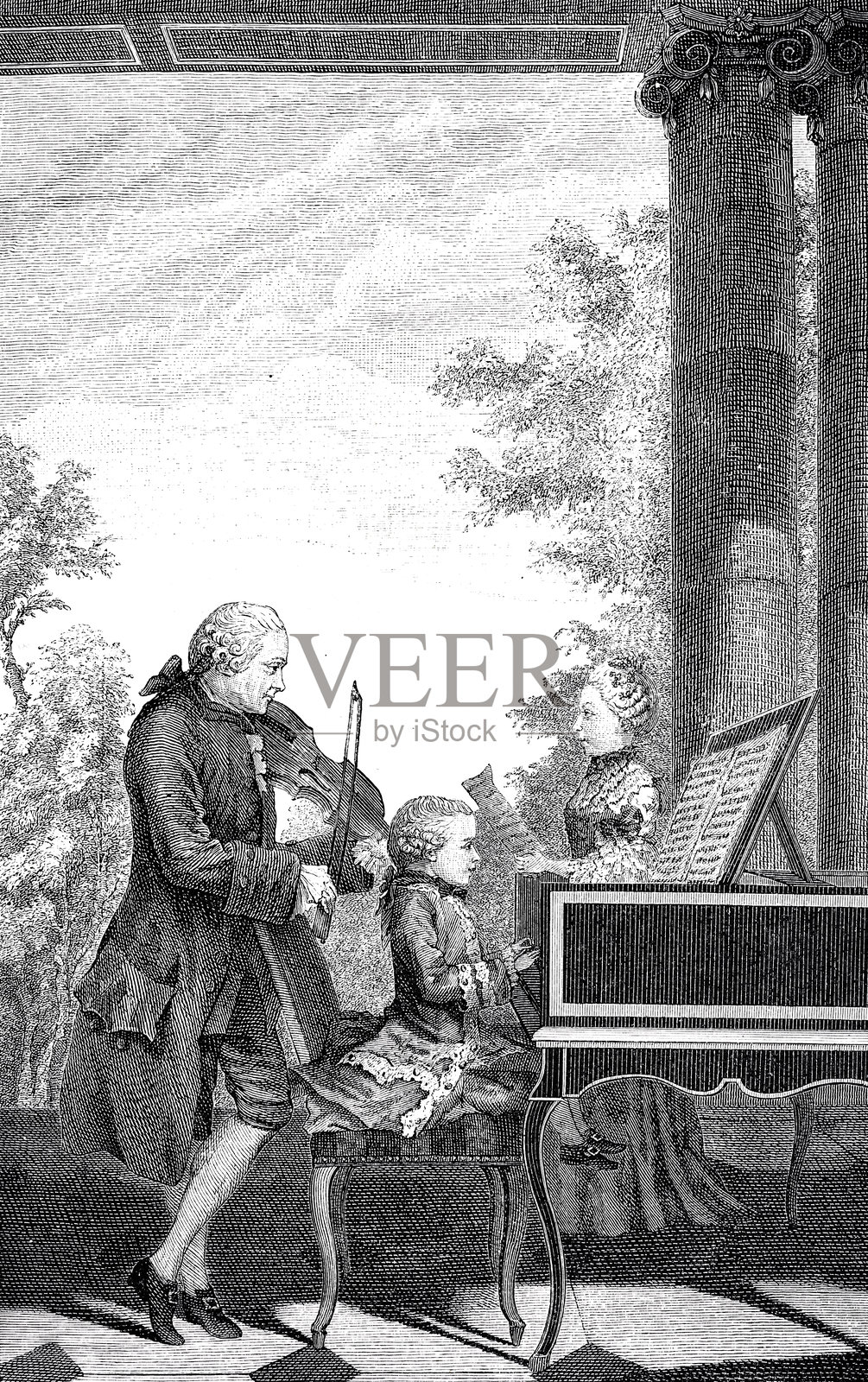 利奥波德·莫扎特与他的孩子沃尔夫冈·阿马德乌斯和玛丽安娜一起训练插画图片素材