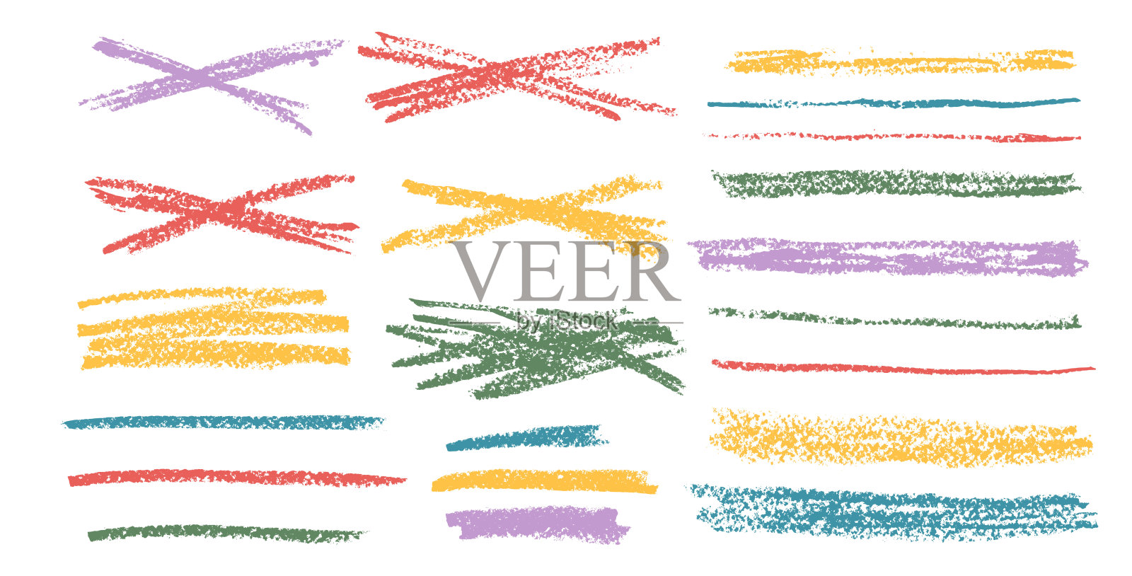 蜡笔下划线套装。铅笔涂鸦线条包。矢量手绘笔刷笔触集合插图，独立于白色背景。儿童高亮手写形状元素。粉笔强调图形。插画图片素材