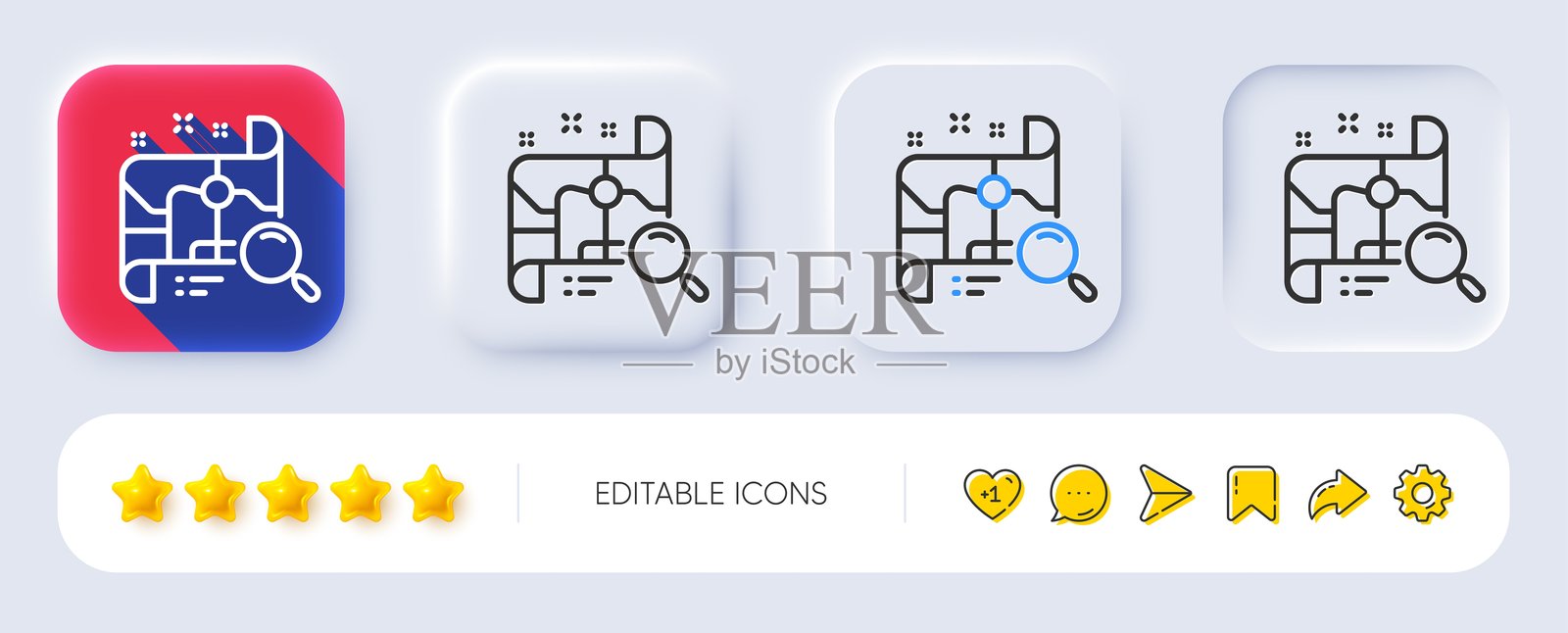 搜索地图线条图标。查找位置地址标志。拟物化按钮。矢量图。插画图片素材