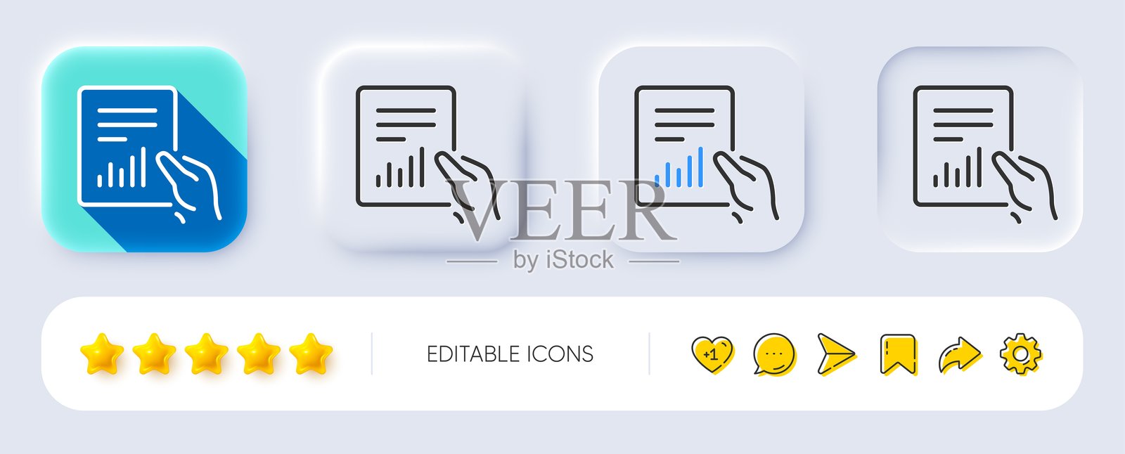 报告文档线条图标。分析图表。拟物化按钮。矢量图。插画图片素材