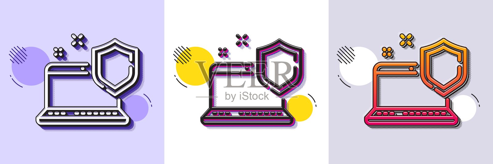 计算机安全线条图标。笔记本电脑隐私标志。半色调点状图案。矢量图。插画图片素材