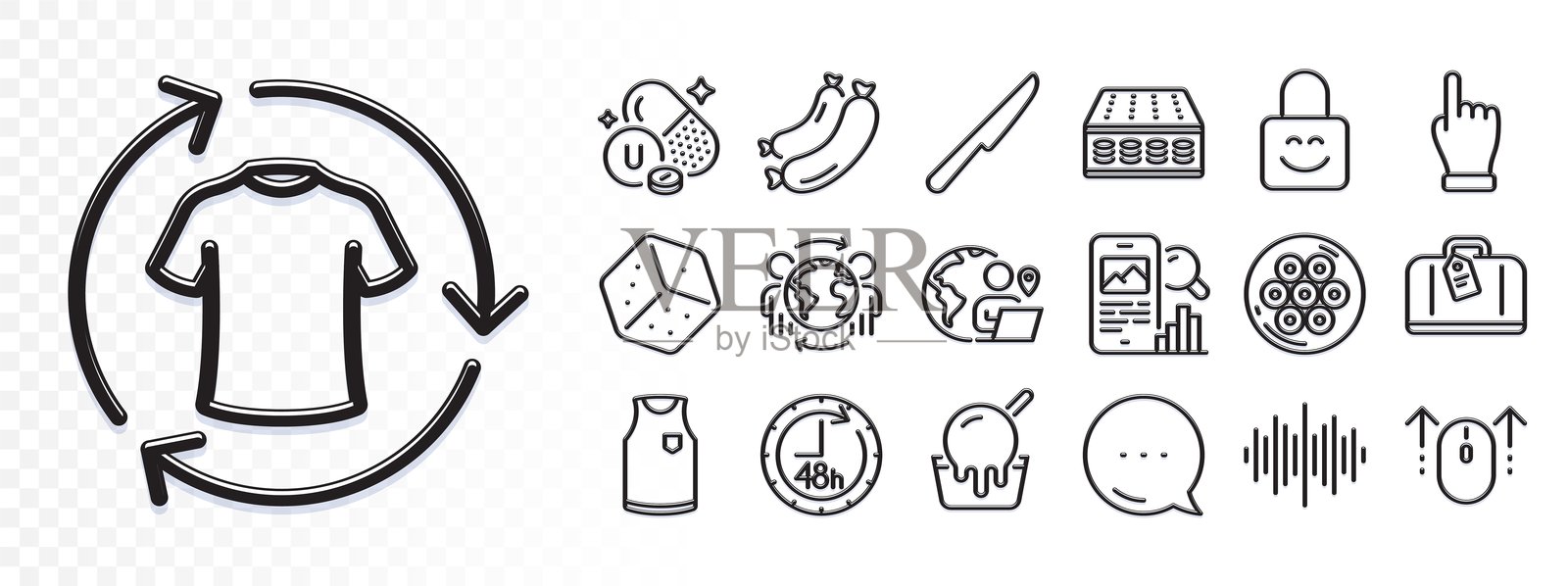 餐桌刀具、全球商业和换衣服的线条图标，适用于网络应用。图标图示。光线反射图标。矢量图。插画图片素材