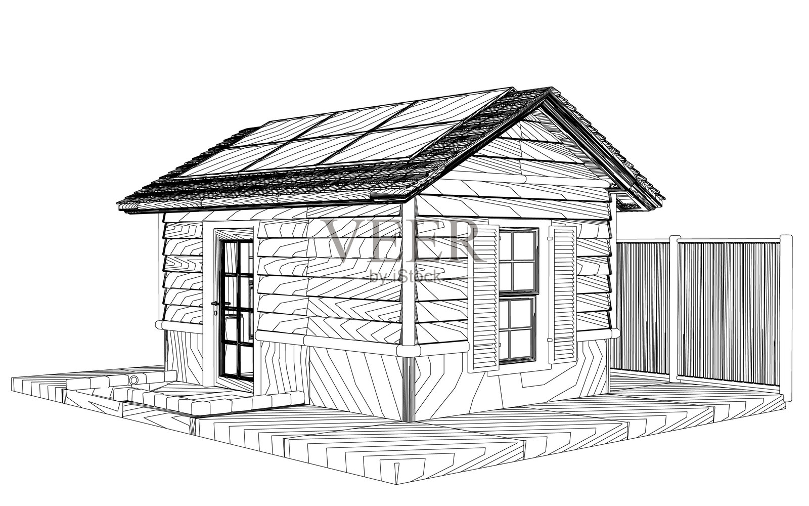 一座小木屋，屋顶倾斜，周围有栅栏。房子看起来很旧，需要修缮。插画图片素材