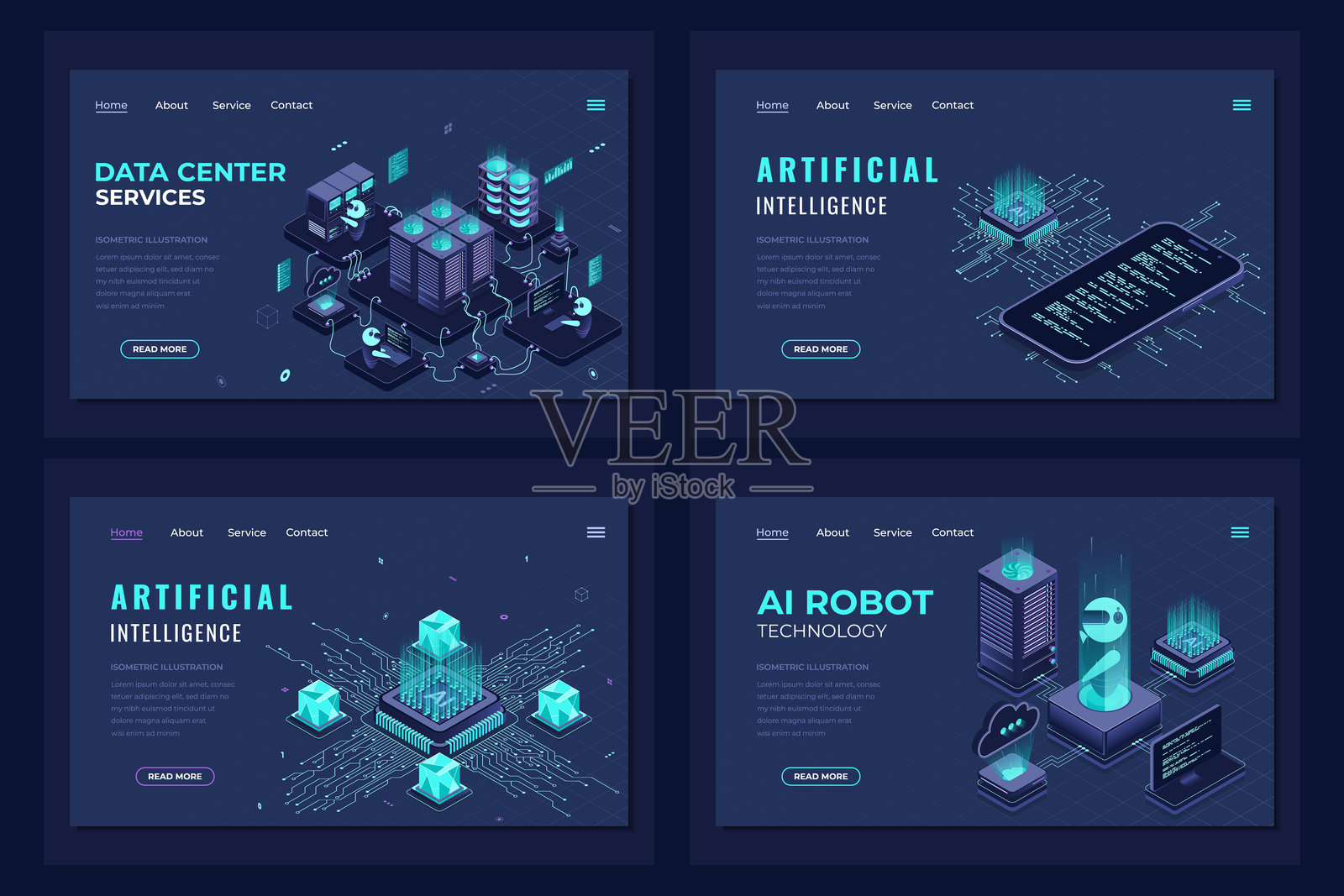 等距着陆页模板集。现代科技概念，涵盖数据中心、人工智能机器人和人工智能。等距技术插画图片素材