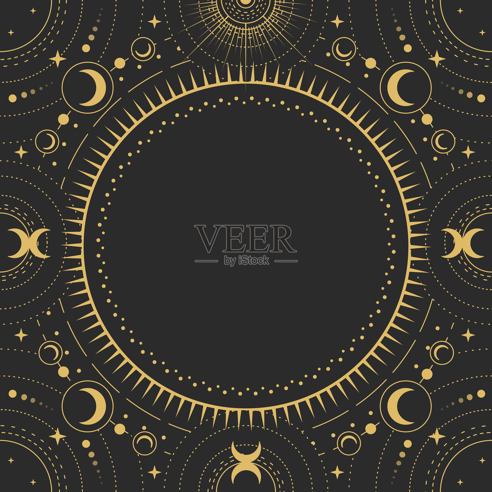 现代魔法女巫圆形占星框架，背景为黑色的星系、星星、太阳和月亮。线条艺术的神秘插图。插画图片素材