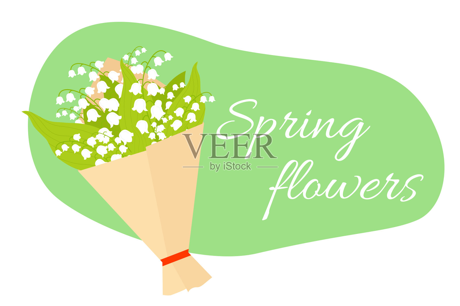 花卉插图描绘了一束用牛皮纸包裹的剪下的铃兰花。插画图片素材