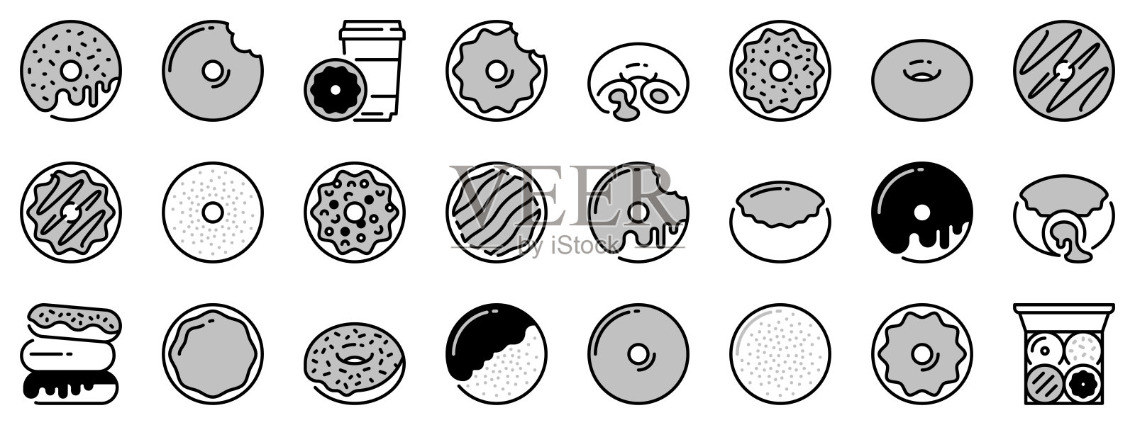 关于甜点甜甜圈的双色图标。烘焙产品插画图片素材