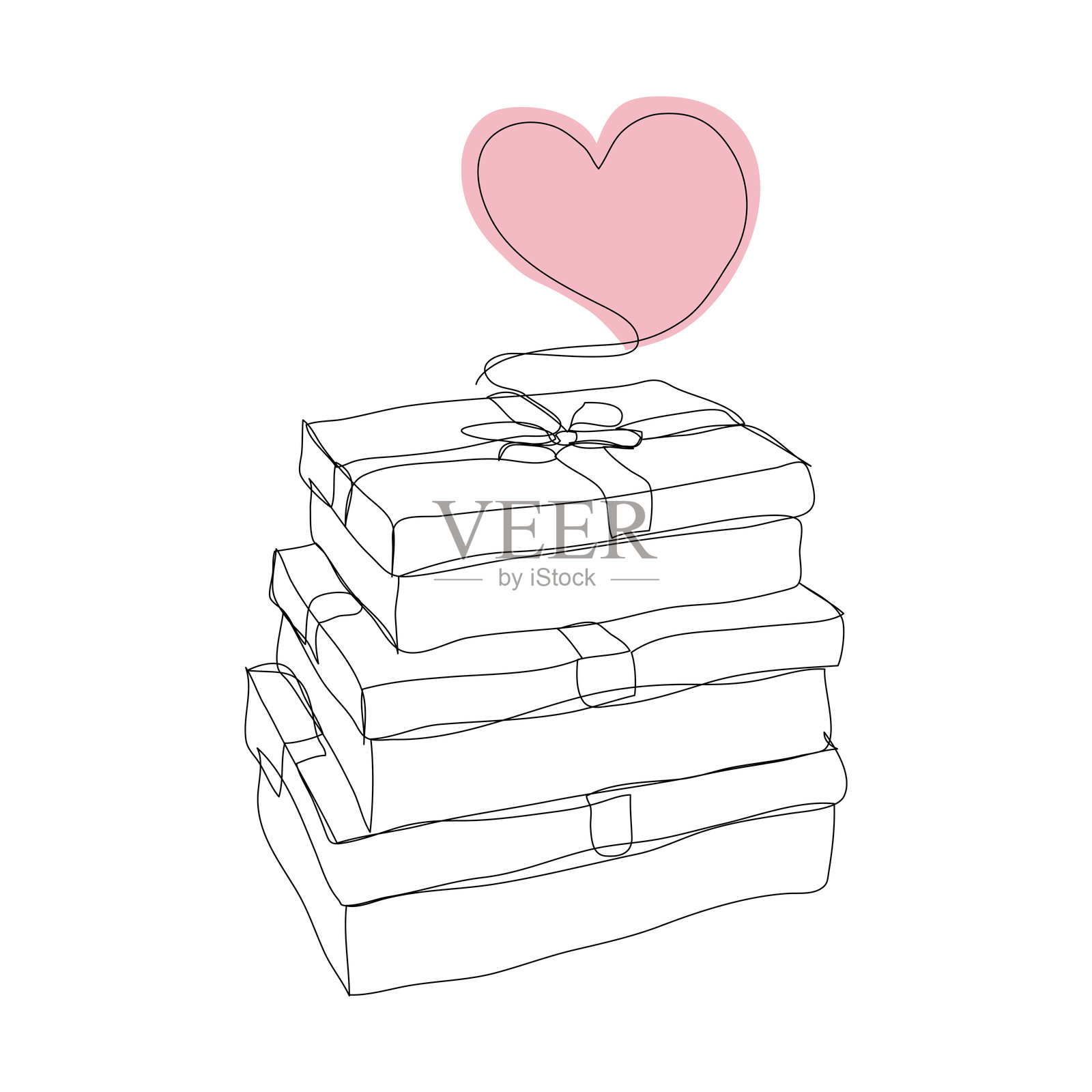 可爱的连续线条卡通角色手绘礼品盒，生日、圣诞节、奖金奖励装饰，线条艺术礼品盒购物，奖金圣诞节连续线条艺术素描矢量。插画图片素材