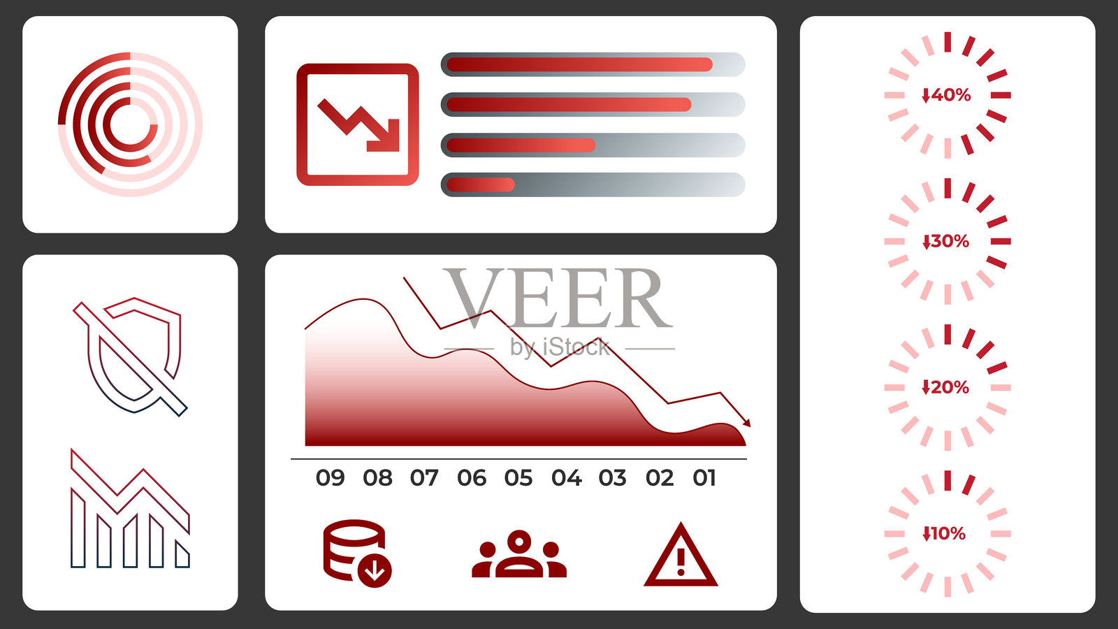 现代仪表盘布局充满警告标志、下降指标和红色视觉效果，传达出严重的商业下滑信息。插画图片素材