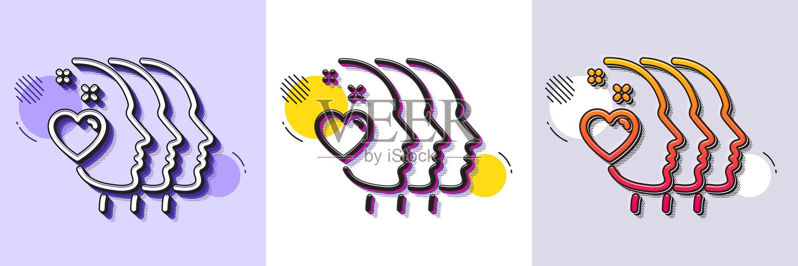 朋友情侣线条图标。友谊标志。商业援助。半色调点状图案。矢量图。插画图片素材