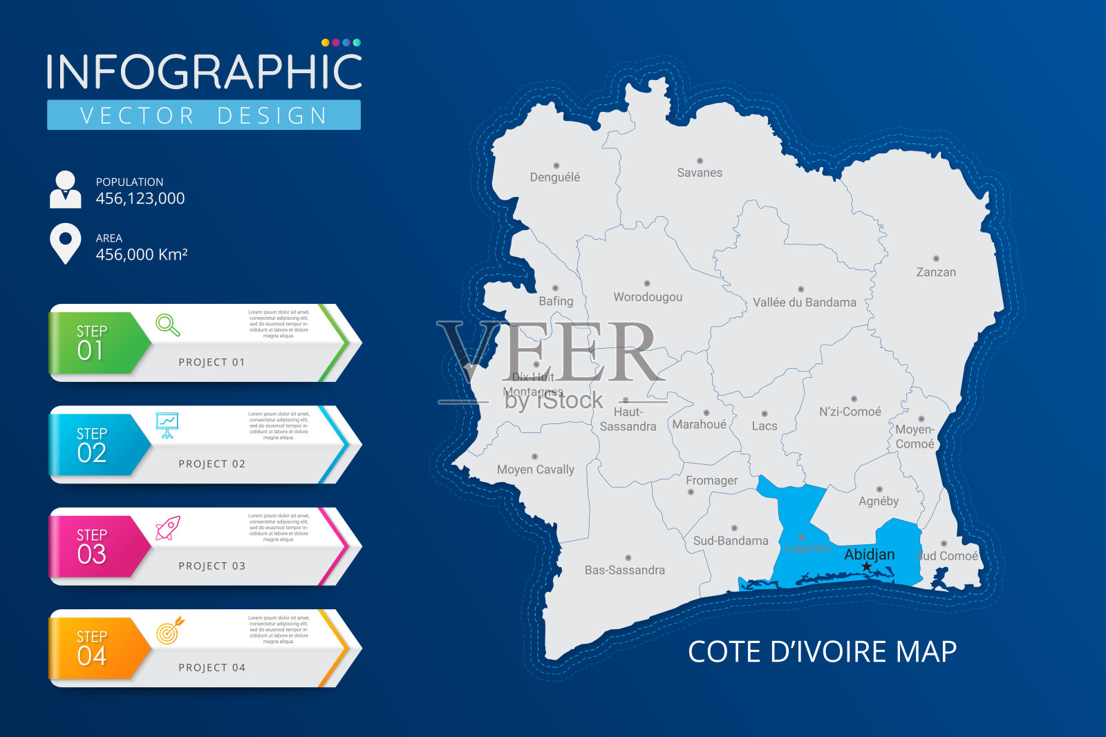 科特迪瓦或象牙海岸地图，带有位置指示标记。高细节国家地图，包含分区、城市和首都的信息图表矢量模板。插画图片素材