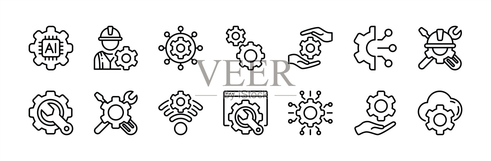工程技术细线图标集。包含电路、芯片、工程师、制造、机械、技术员、工人、工业、机械设备、发动机、维护、设置、流程、齿轮。矢量插图插画图片素材