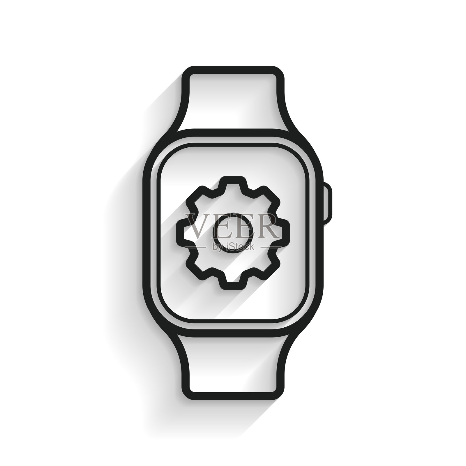 智能手表设置 - 齿轮。白色背景上的长阴影线条图标插画图片素材