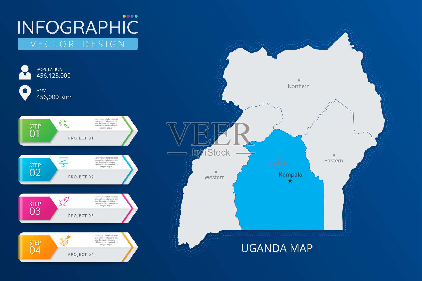 乌干达地图，带有位置指示标记。高详细度的国家地图，包含分区、城市和首都的信息图表矢量模板。插画图片素材
