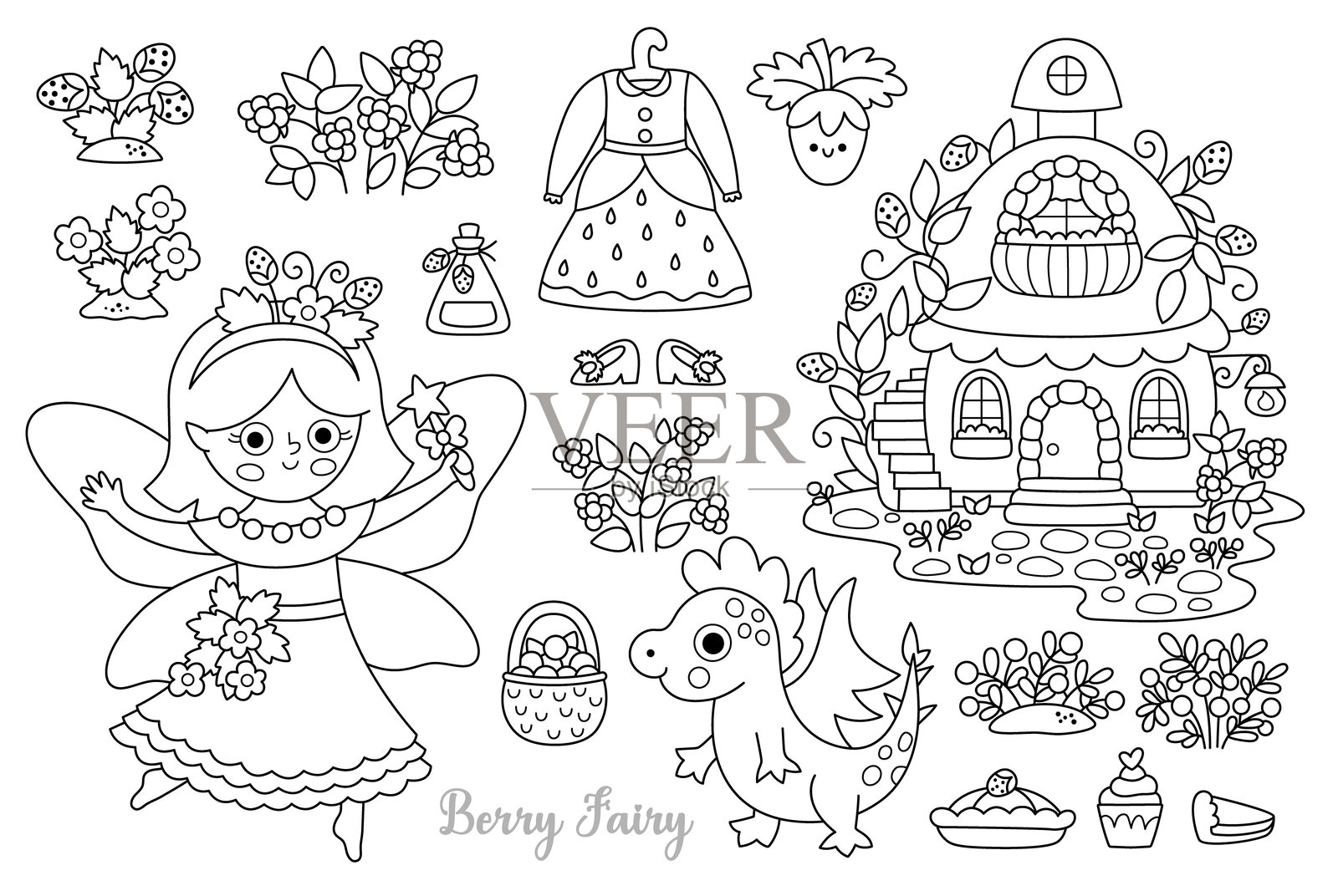 黑白浆果仙女剪贴画集。可爱的女孩线条图标。森林公主系列。幻想、童话森林插图。带有蝴蝶、龙、房子和草莓的魔法生物涂色页。插画图片素材