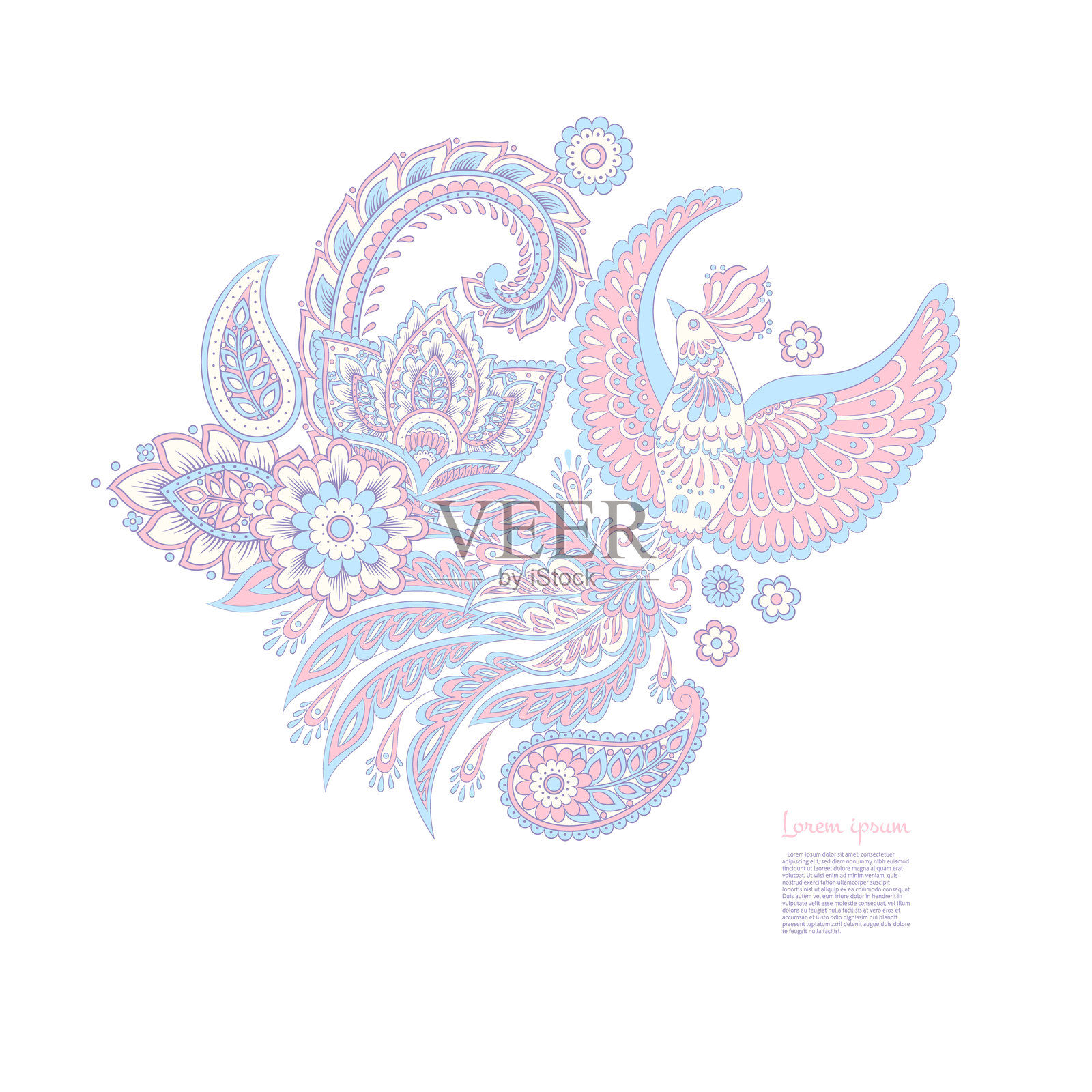 飞鸟与花卉佩斯利图案孤立。用于设计的孤立佩斯利卡片。花卉矢量图案。刺绣花卉矢量图案。插画图片素材