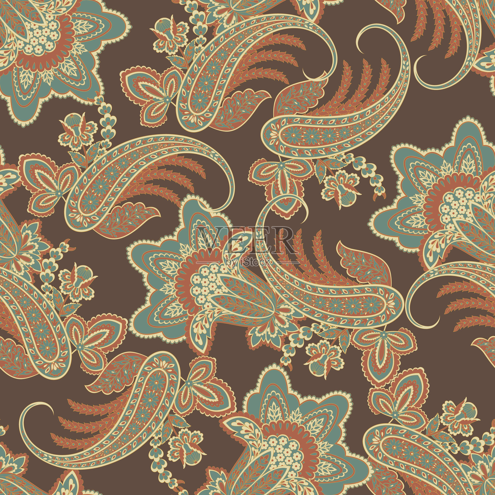 佩斯利花卉东方民族图案。无缝矢量装饰。达玛斯克织物图案。插画图片素材