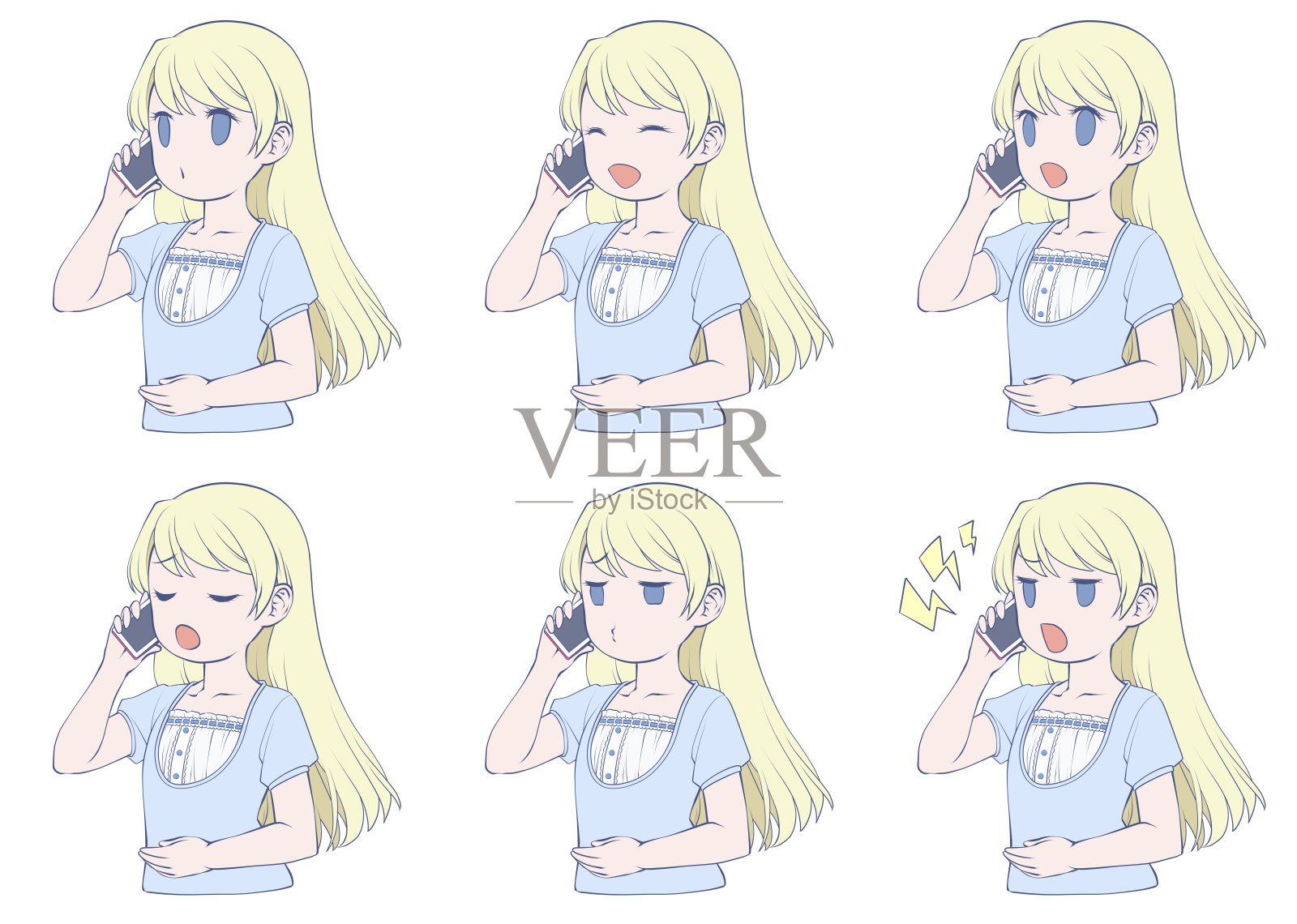 一位穿着夏季服装的年轻女性正在使用智能手机通话。插画图片素材