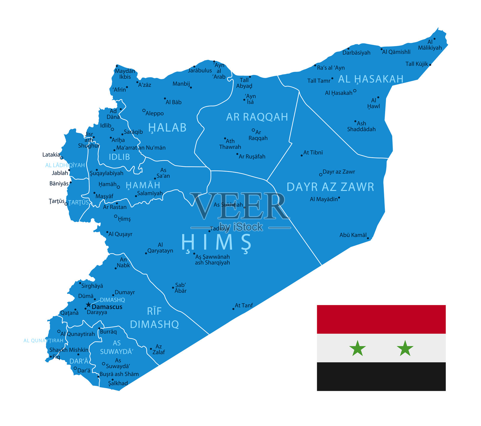 叙利亚 - 详细的蓝色国家地图，包含城市和地区。插画图片素材