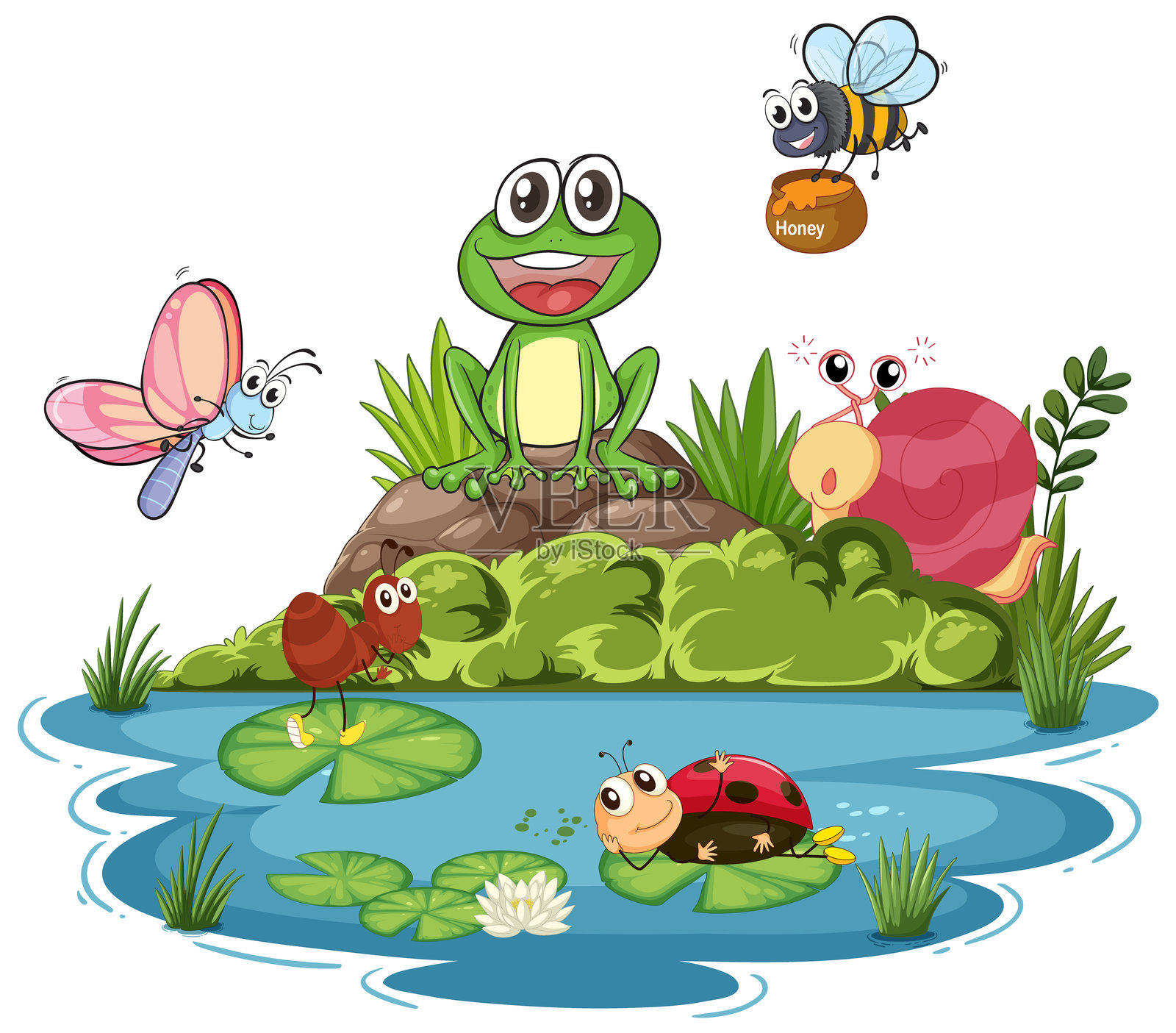 可爱的动物们聚集在池塘边插画图片素材