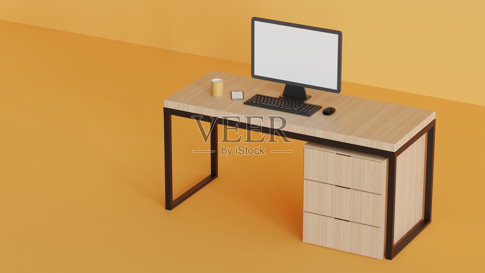 3D极简风格办公室桌面设置，带有空白的电脑显示器屏幕、咖啡杯和办公室橱柜，背景独立，留有空白供文字使用。照片摄影图片