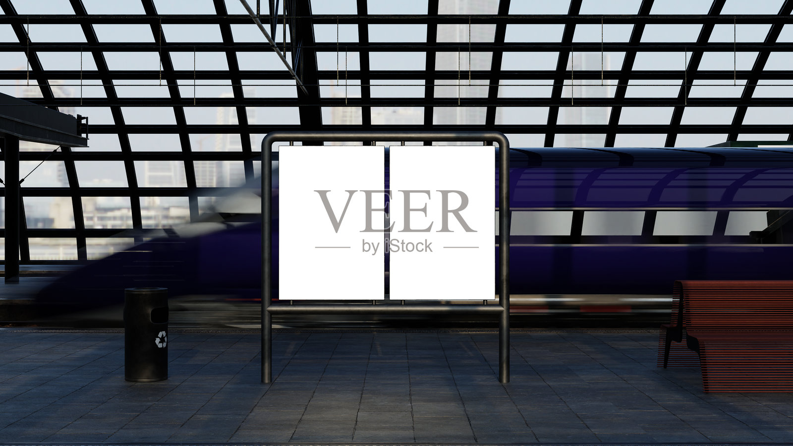 3D渲染。机场走廊中的空白广告牌。适合您的广告需求。照片摄影图片