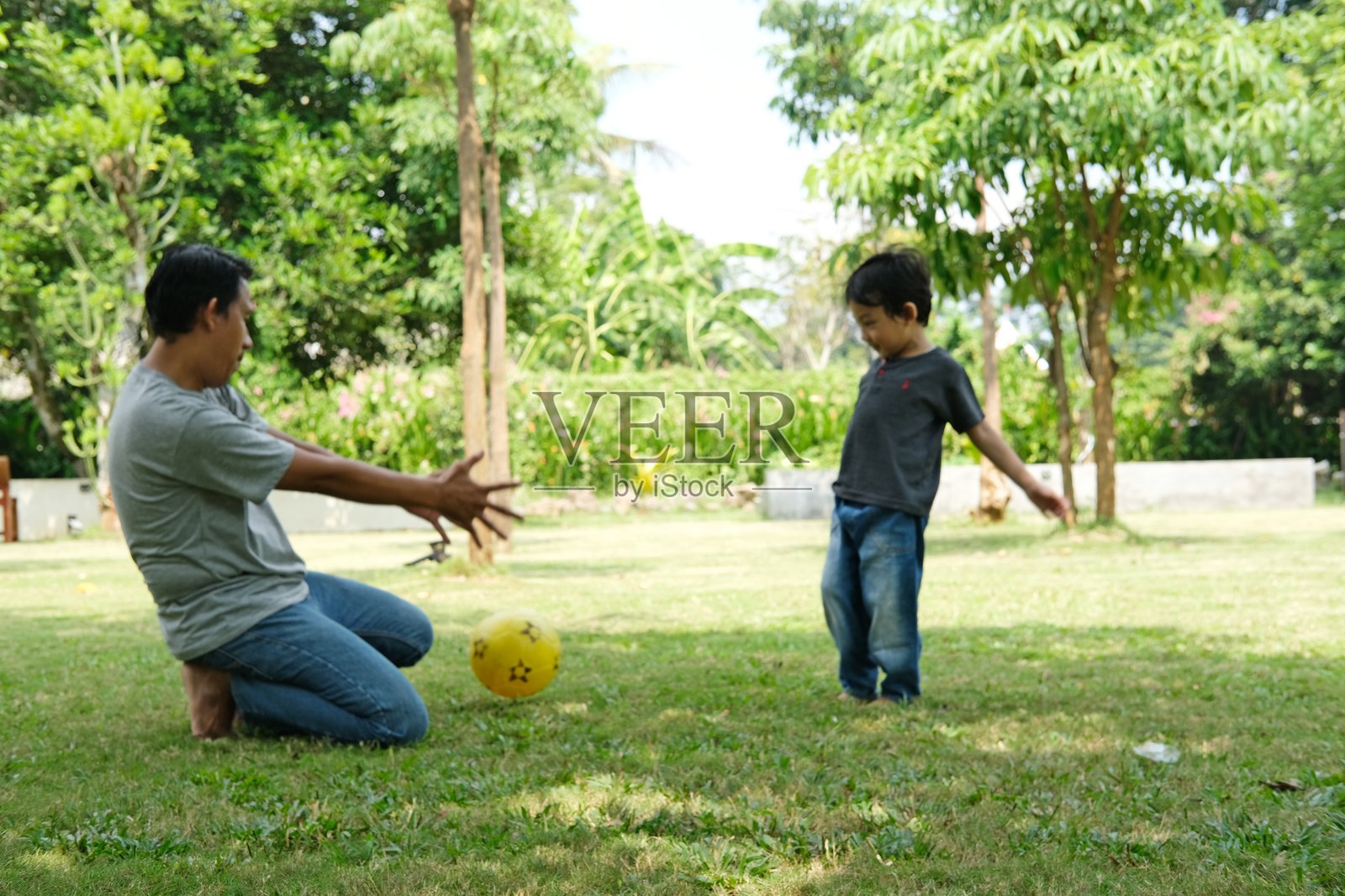 父亲和儿子在阳光明媚的后院踢足球。照片摄影图片