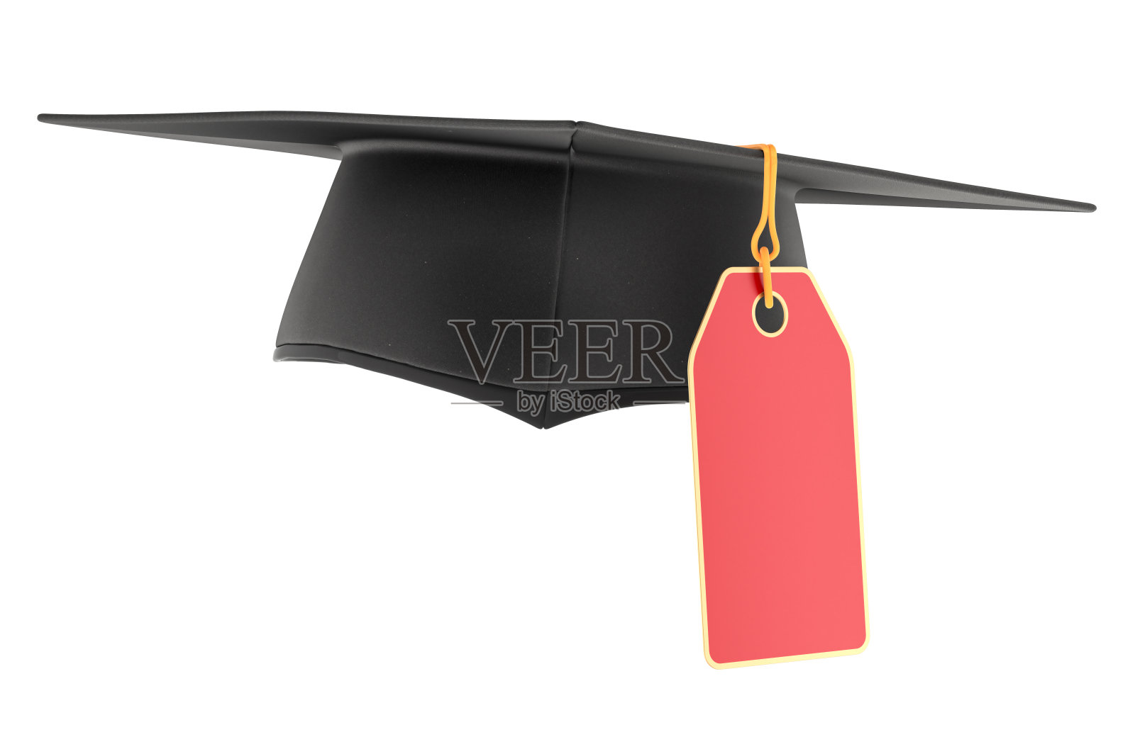 带红色折扣标签的毕业帽。3D渲染。照片摄影图片