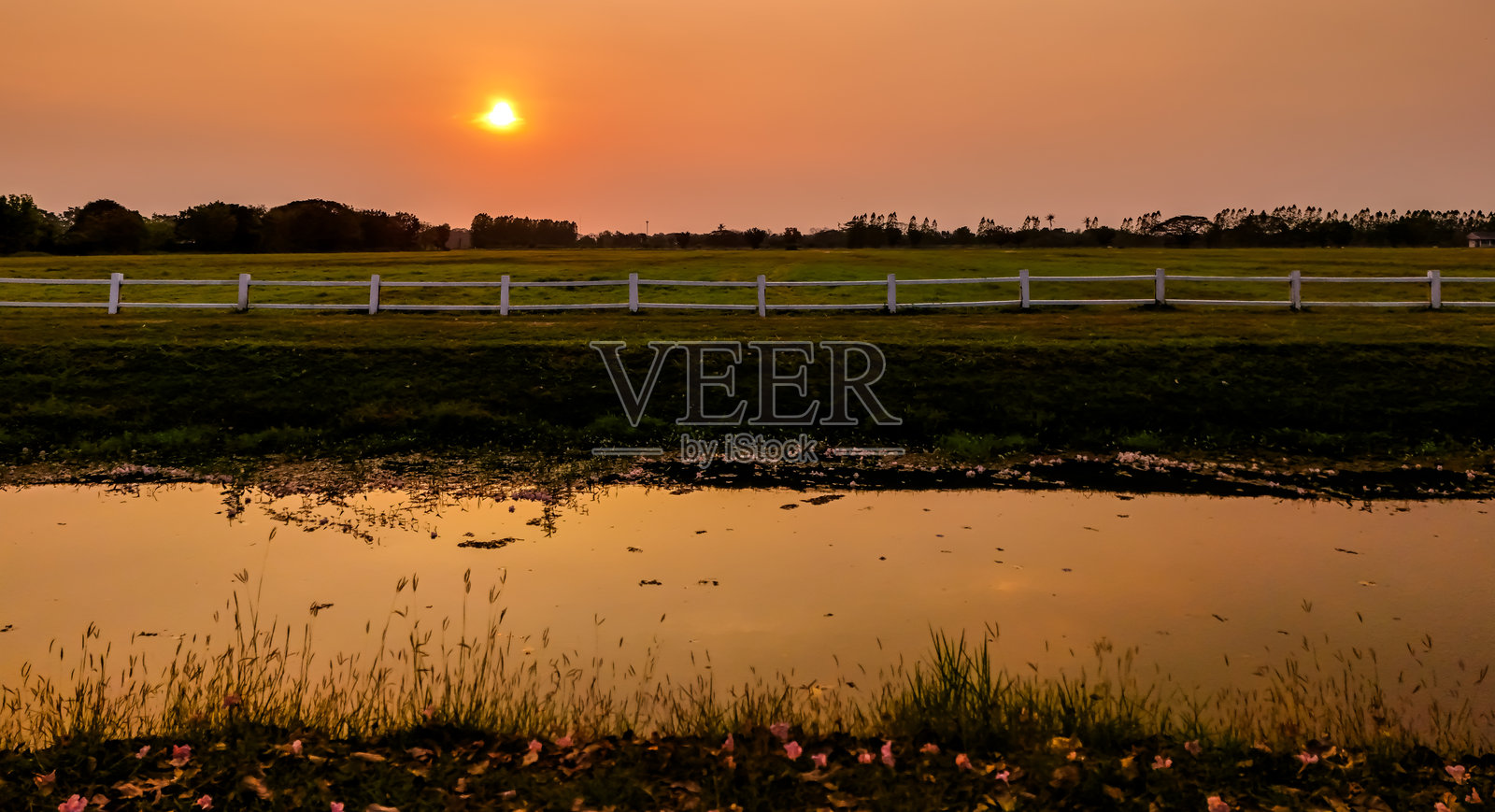 美丽的天空和云彩在草地上，夕阳背景。照片摄影图片