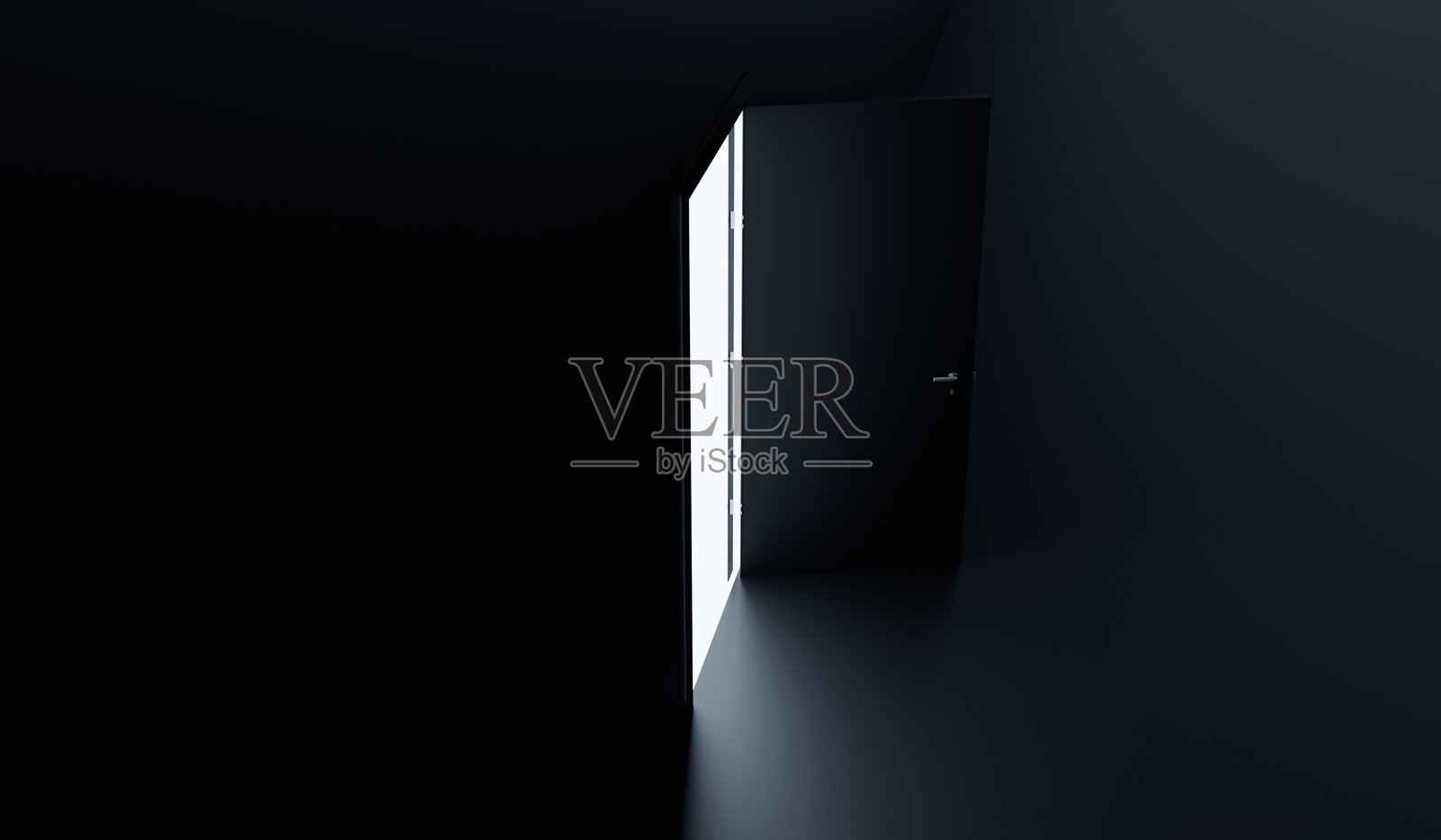 门口透出的光，敞开的门，明亮的走廊，3D插图照片摄影图片