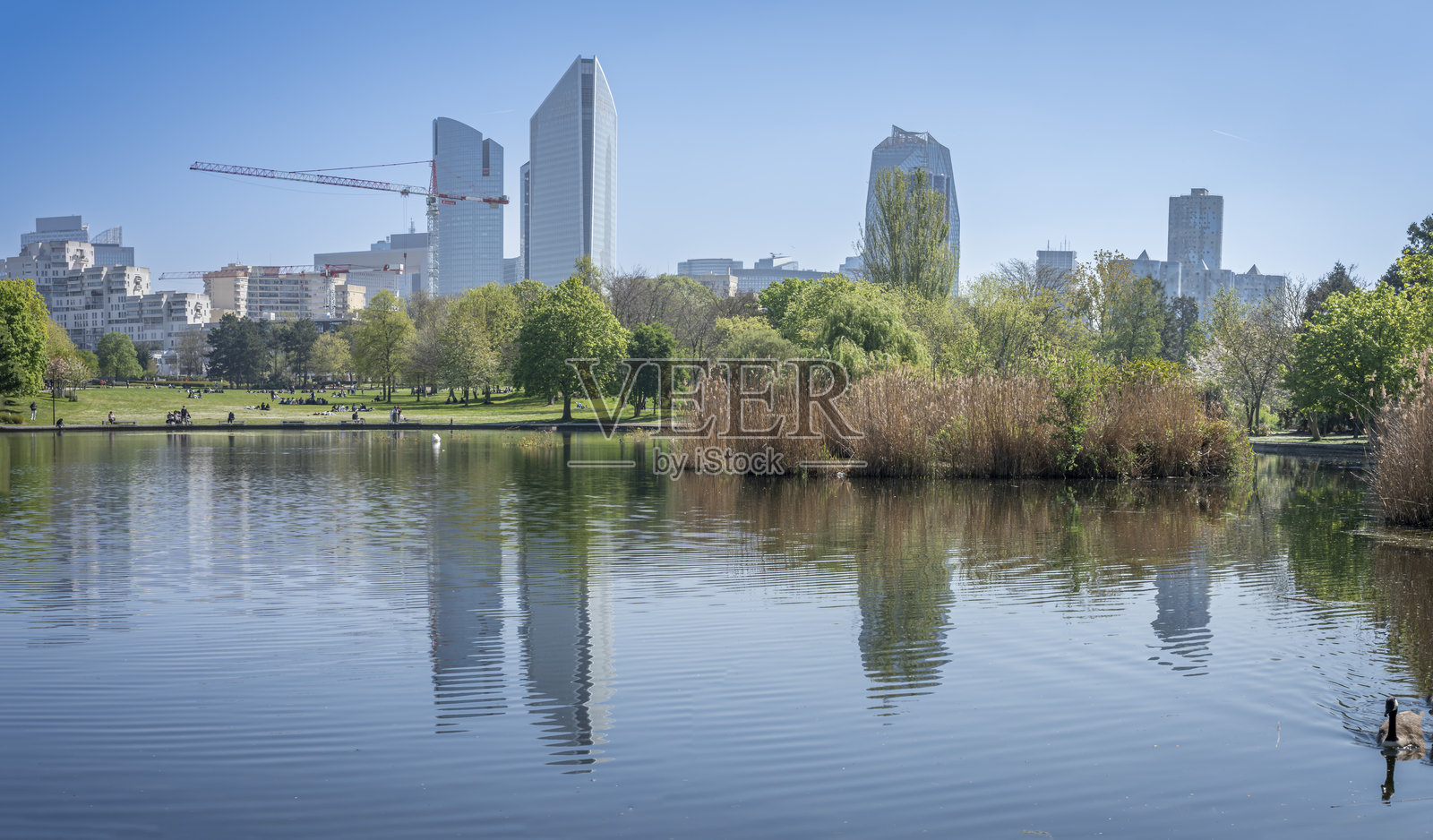 法国南特尔 - 2025年4月11日：安德烈·马尔罗公园。花草繁盛的草坪、芦苇、池塘、绿树以及映衬在后方的拉德芳斯塔楼的全景。照片摄影图片