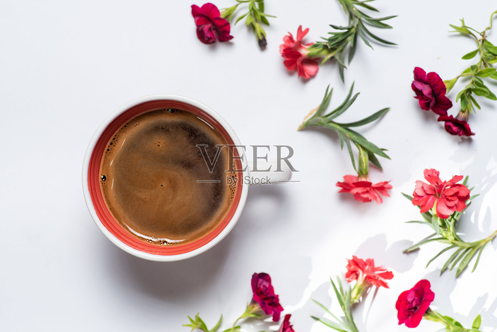 优雅地摆放在白色表面上的咖啡、巧克力和花朵照片摄影图片