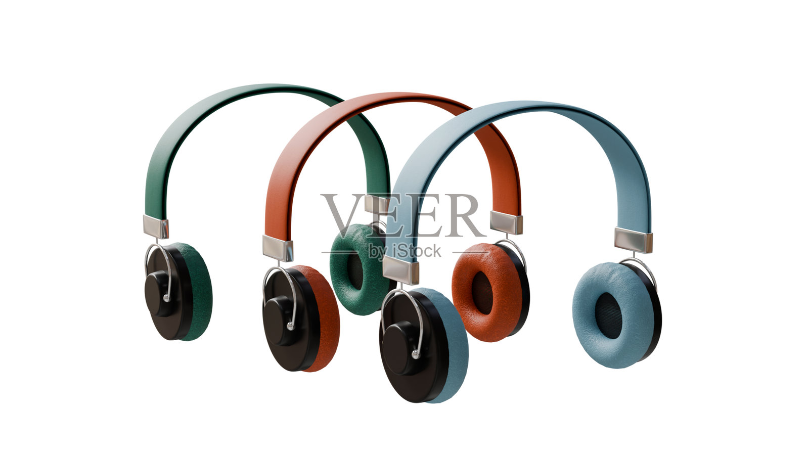 白色背景上的蓝色、棕色和绿色无线耳机3D模型，时尚耳机照片摄影图片