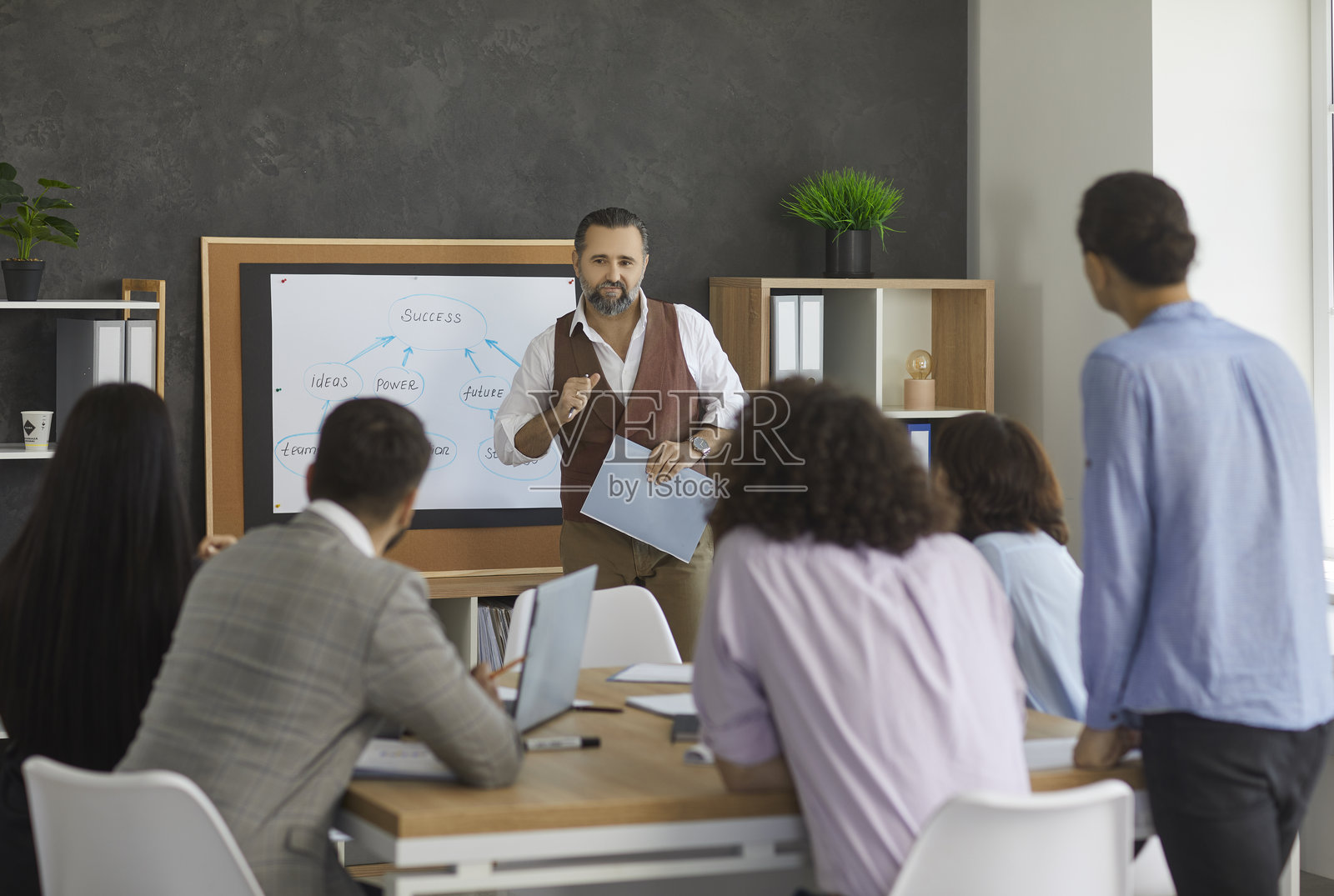 成熟的商业教练向一群年轻人讲解如何实现成功照片摄影图片