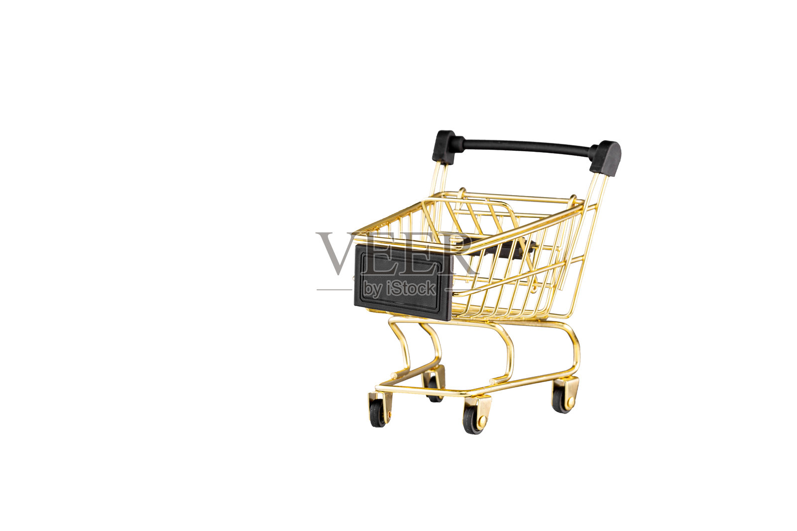 金色、黄色和黑色购物车的侧面视图，背景为纯白色。照片摄影图片