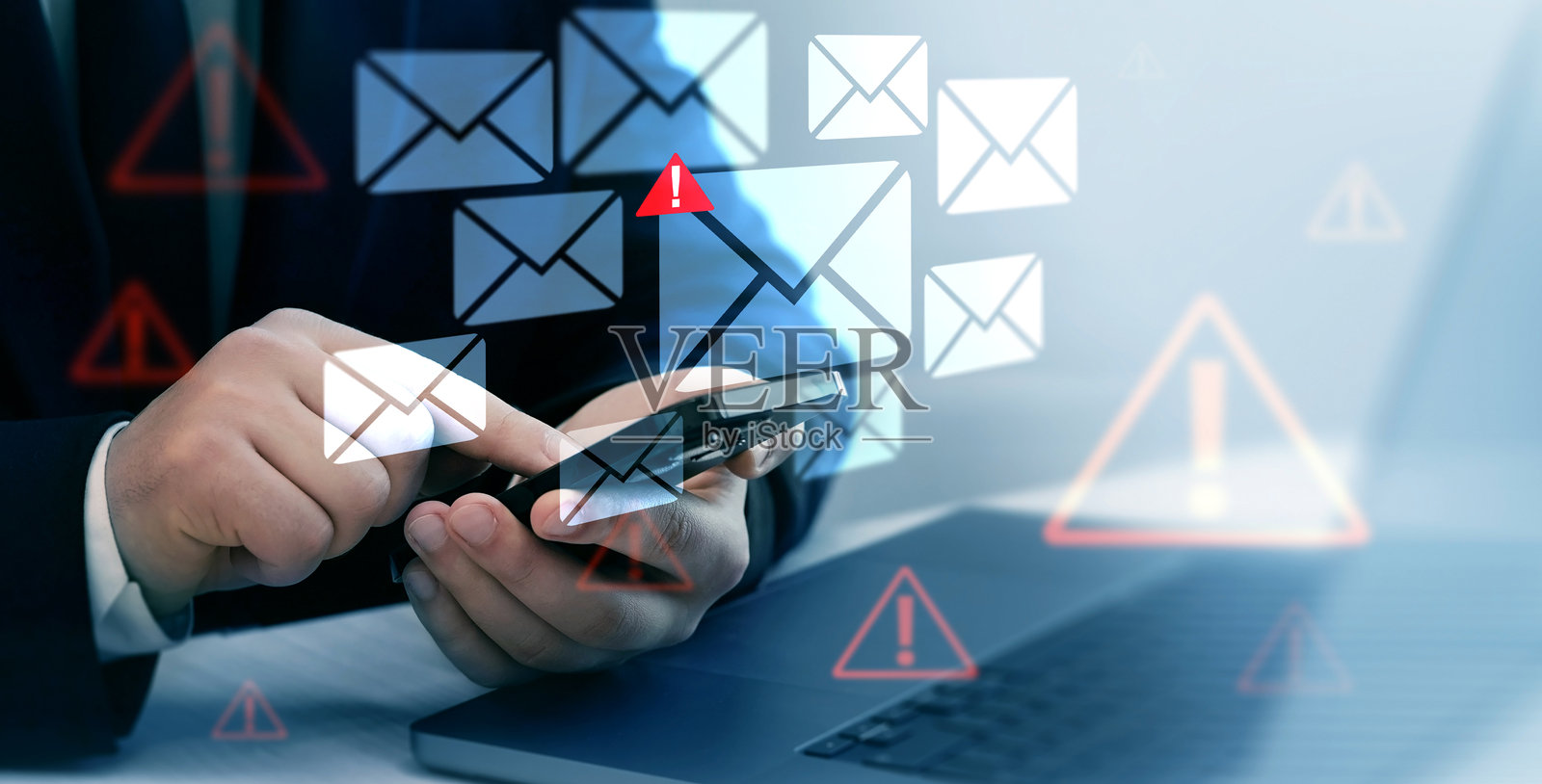电子邮件安全和病毒垃圾邮件警报。虚假文本电子邮件诈骗。在线诈骗者。网络诈骗。数字屏幕上的垃圾邮件消息。照片摄影图片