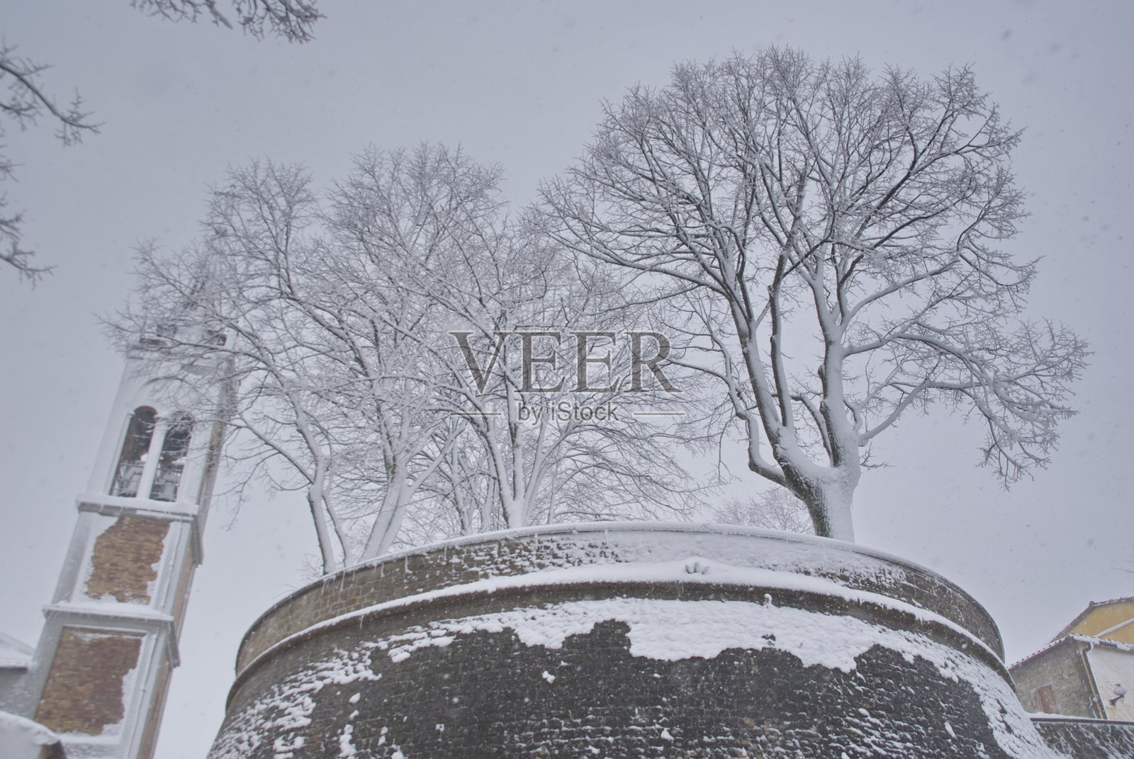 雪后钟楼与树木映衬在灰色天空下照片摄影图片