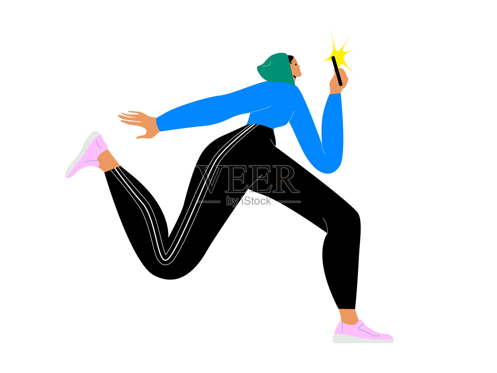 一位女性在路上使用智能手机。现代快乐微笑的女孩角色匆忙奔跑，边看手机边在街上行走。插画图片素材