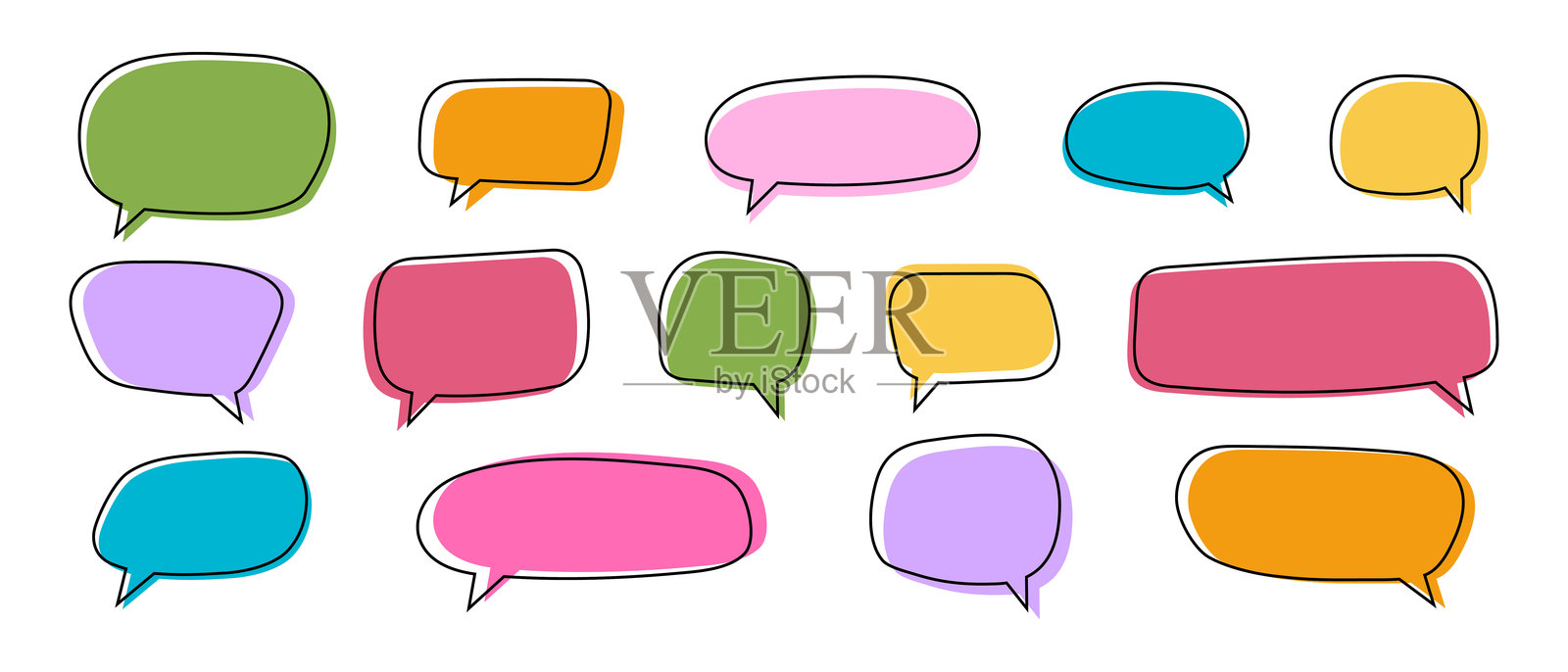 一组可爱多彩的涂鸦风格对话气泡模板。对话气球、文本框、引用框、消息标签、问题标签，独立于白色背景。矢量平面插图。插画图片素材